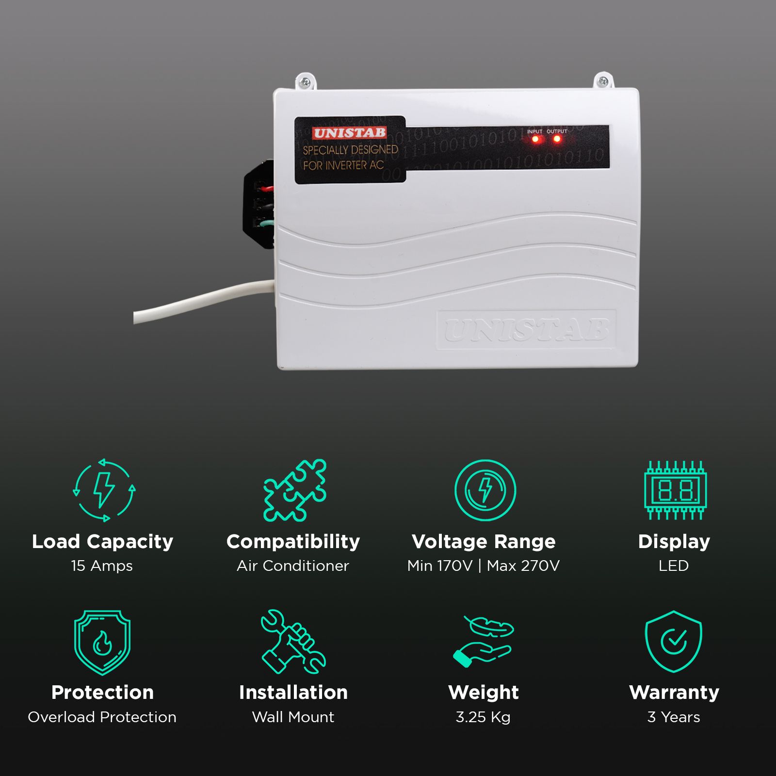 UNISTAB US500 15 Amps Voltage Stabilizer For 2 Ton Air Conditioner (170 - 270 V, LED Indication, White) UNISTAB US500 15 Amps Voltage Stabilizer For 2 Ton Air Conditioner (170 - 270 V, LED Indication, White)_3