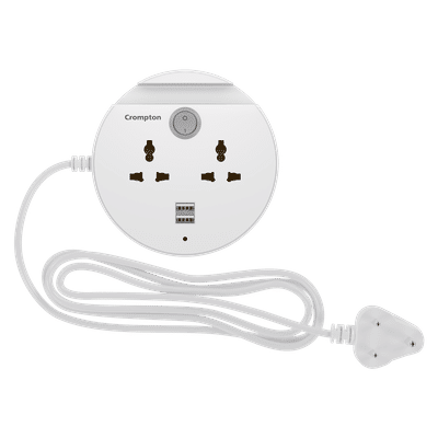 Crompton Powerbox Alpha CU 6 Amps 2 Sockets Extention Board with Individual Switch (2 Meters, Mobile Holder Groove, LEDPB-ALPHA-CU, White)