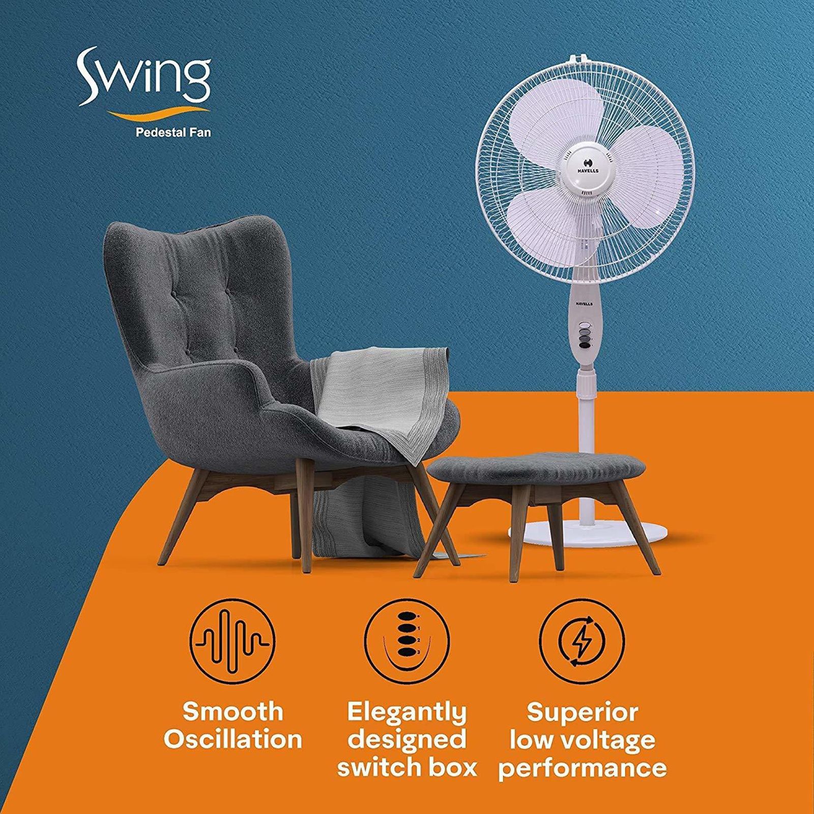 HAVELLS Swing 3 Star 400mm 3 Blade Thermal Overload Protector Pedestal Fan (Inverter Technology, White) HAVELLS Swing 3 Star 400mm 3 Blade Thermal Overload Protector Pedestal Fan (Inverter Technology, White)_5