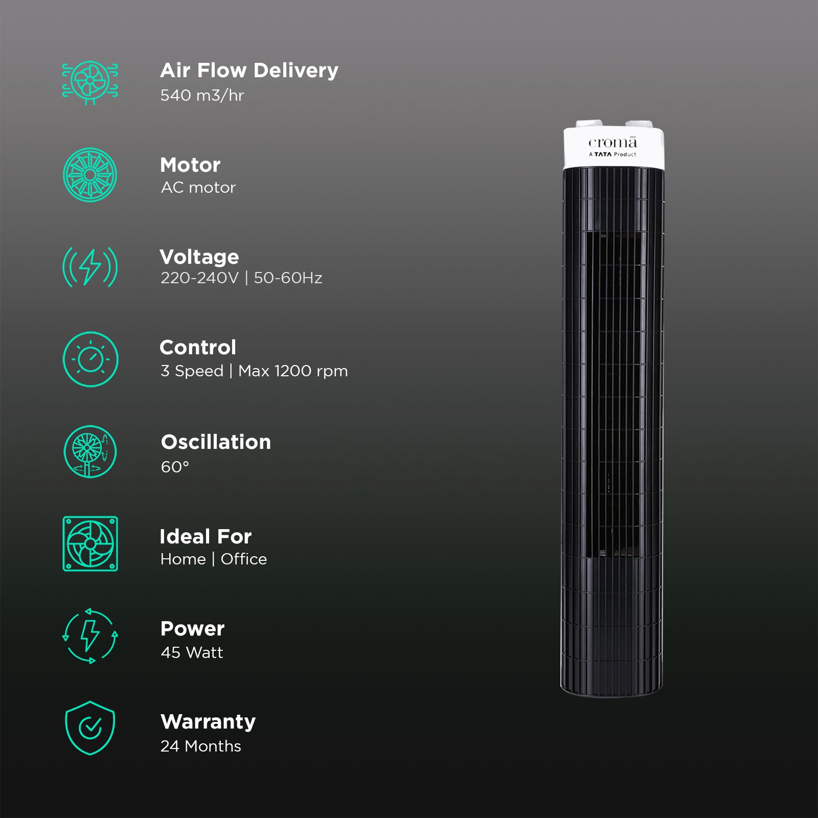 Croma Bladeless 540 m3/hr Air Delivery Tower Fan (Blade Free Design, White & Black)_3