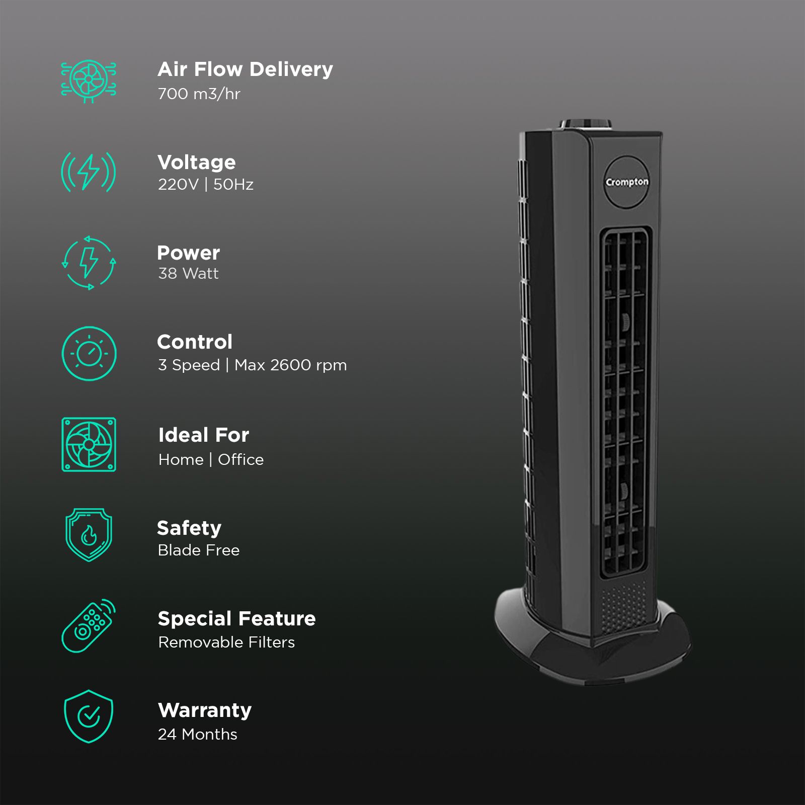 Crompton Air Buddy Bladeless 700 m3/hr Air Delivery Tower Fan (Soft Focused Air, Black)_3