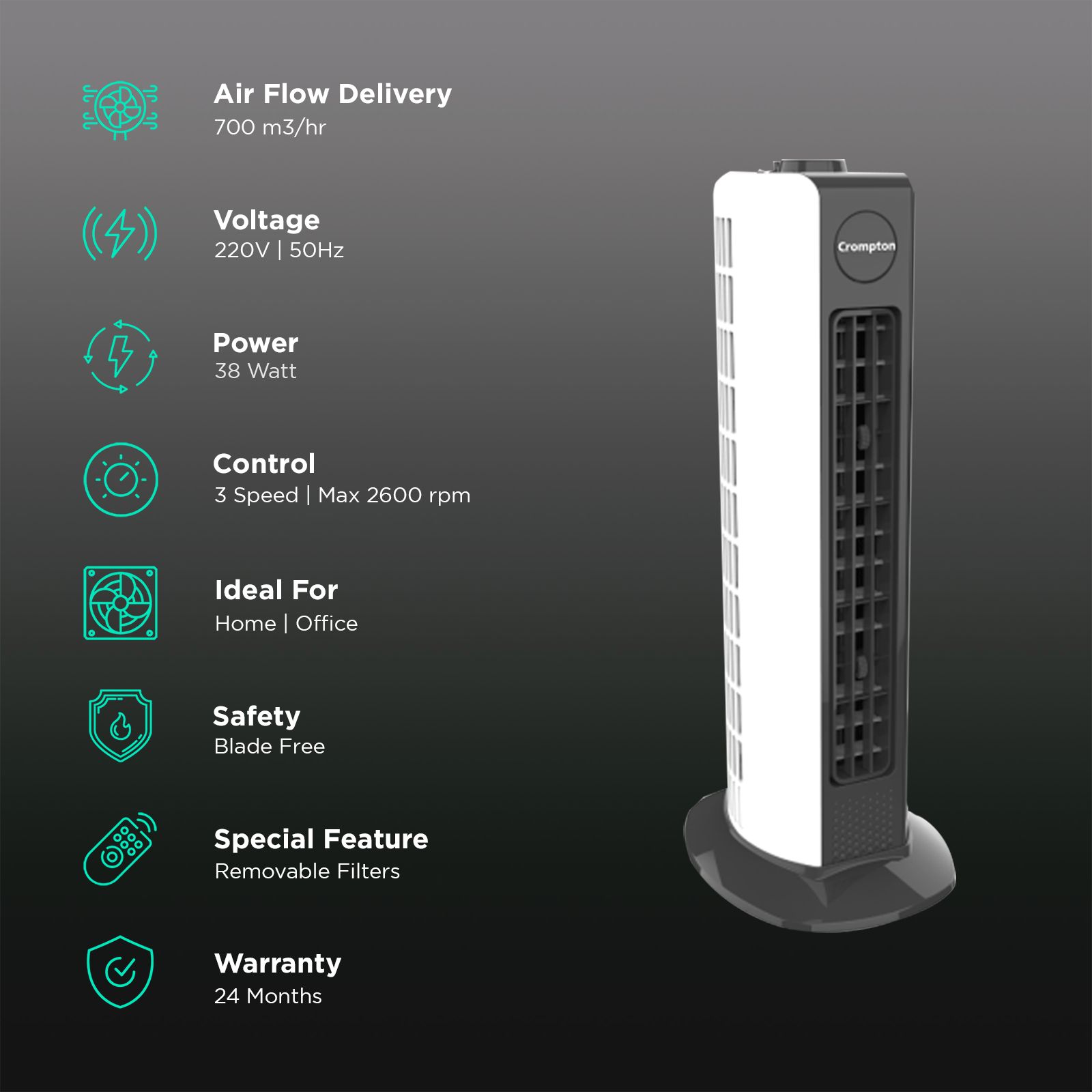 Crompton Air Buddy Bladeless 700 m3/hr Air Delivery Tower Fan (Soft Focused Air, White)_3