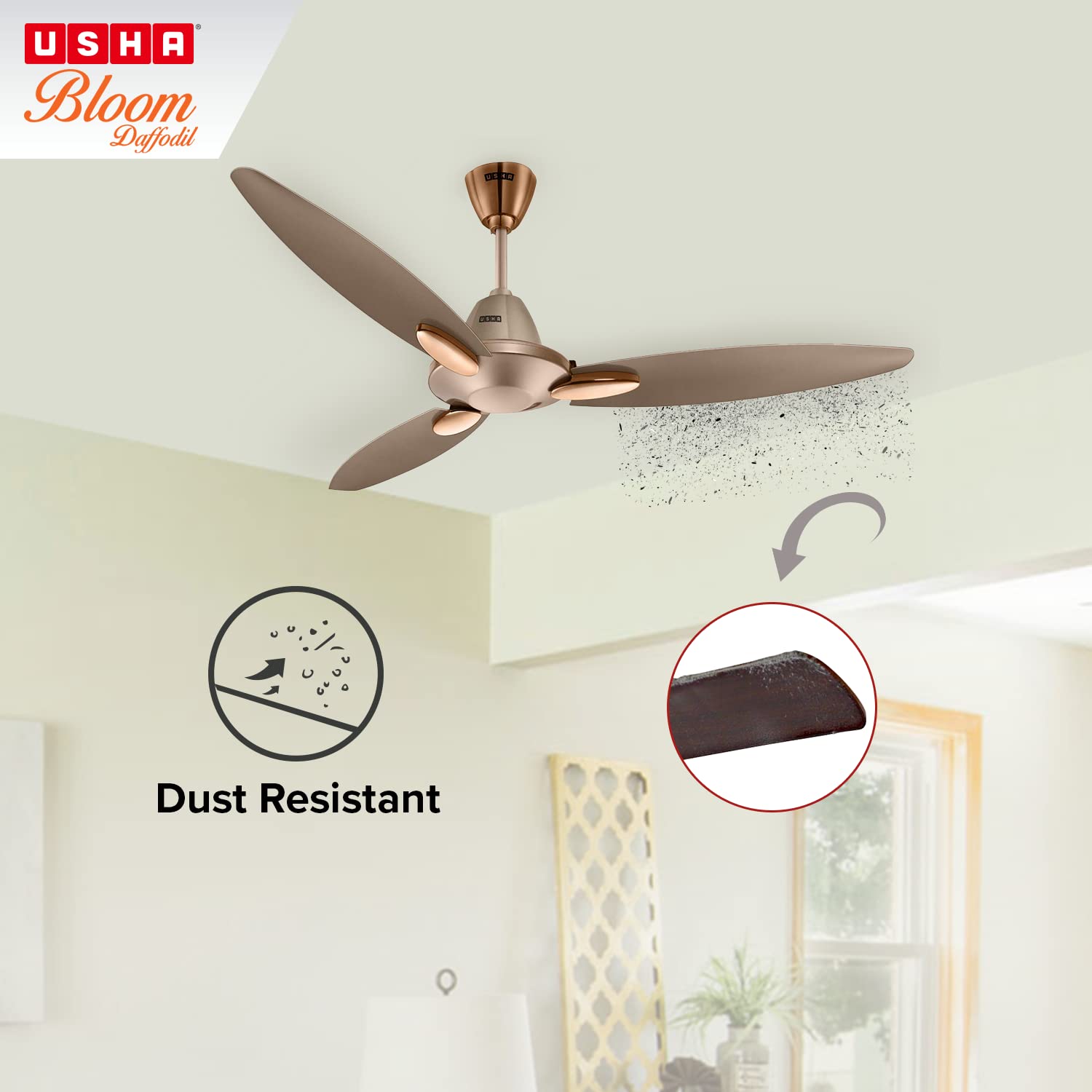 USHA Bloom Daffodil 1 Star 1250mm 3 Blade Electroplated Finish Ceiling Fan (Dust Resistant, Golden & Brown)_9