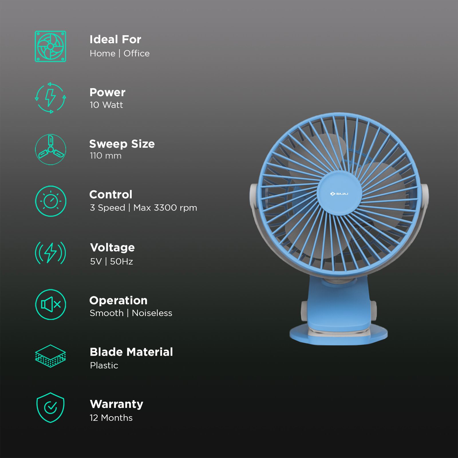 BAJAJ Pygmy Mini 110mm 3 Blade Rechargeable Personal Fan with 1800 mAh Battery (Silent Operation, Cerulean Blue) BAJAJ Pygmy Mini 110mm 3 Blade Rechargeable Personal Fan with 1800 mAh Battery (Silent Operation, Cerulean Blue)_3
