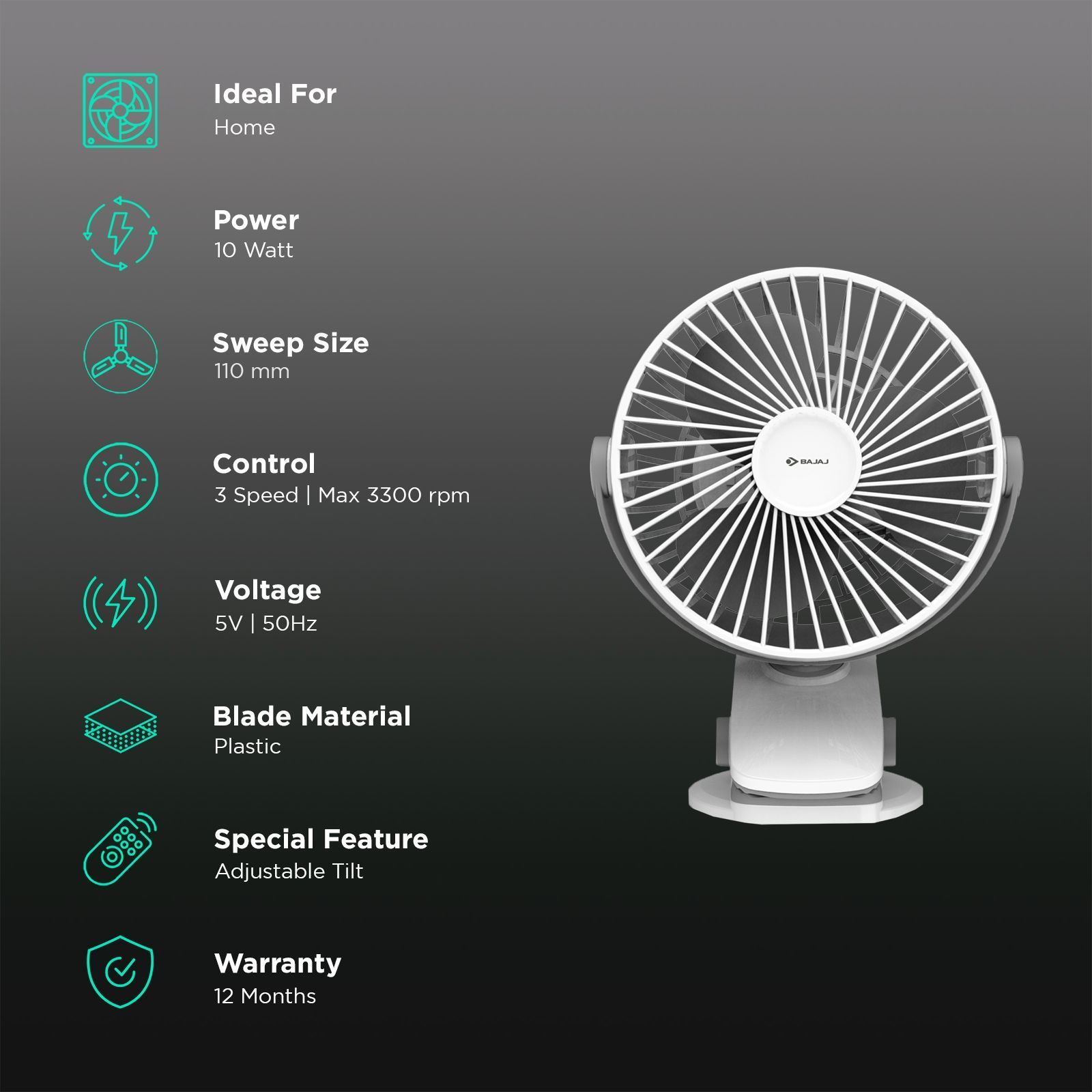BAJAJ Pygmy Mini 110mm 3 Blade Rechargeable Personal Fan with 1800 mAh Battery (Silent Operation, White Smoke) BAJAJ Pygmy Mini 110mm 3 Blade Rechargeable Personal Fan with 1800 mAh Battery (Silent Operation, White Smoke)_3