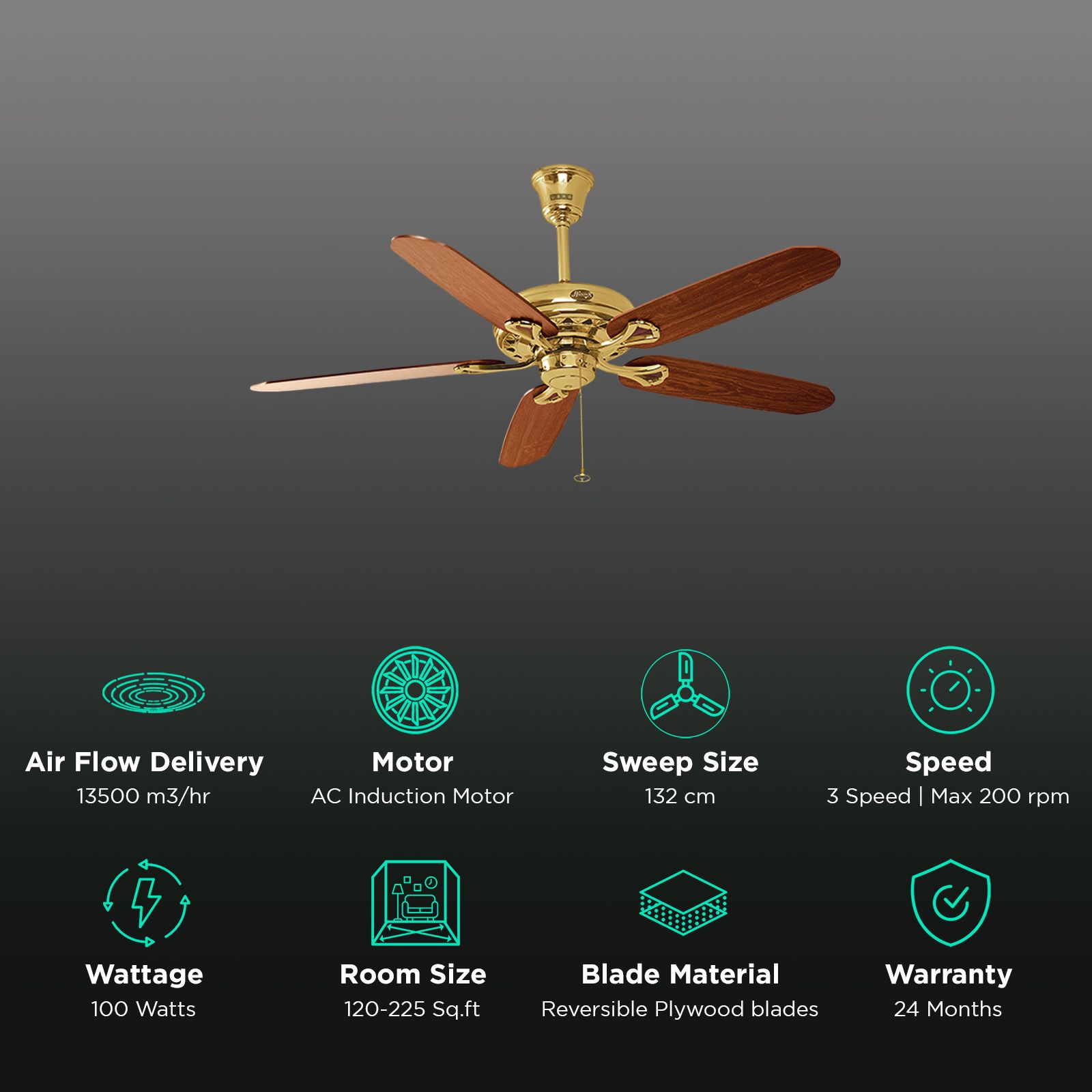 USHA Hunter Savoy 1320mm 5 Blade Induction AC Ceiling Fan (Reversible Plywood Blades, Antique Brass) USHA Hunter Savoy 1320mm 5 Blade Induction AC Ceiling Fan (Reversible Plywood Blades, Antique Brass)_3