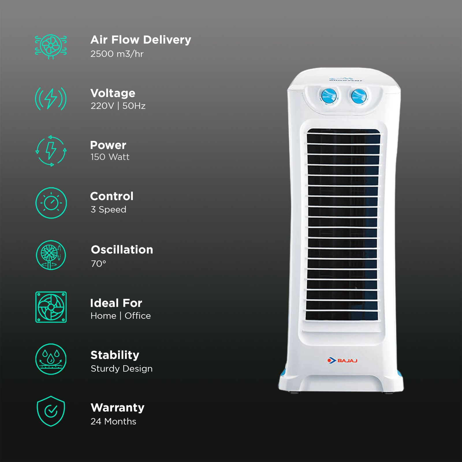 BAJAJ Snowvent Bladeless 2500 m3/hr Air Delivery Tower Fan (Ergonomic Control Panel, Blue & Turquoise)_3