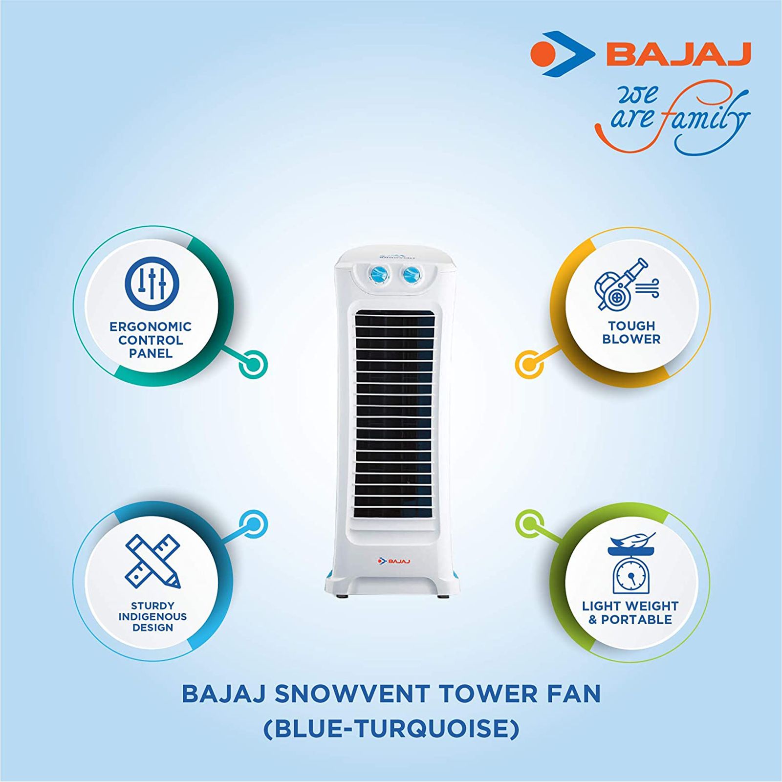 BAJAJ Snowvent Bladeless 2500 m3/hr Air Delivery Tower Fan (Ergonomic Control Panel, Blue & Turquoise)_6