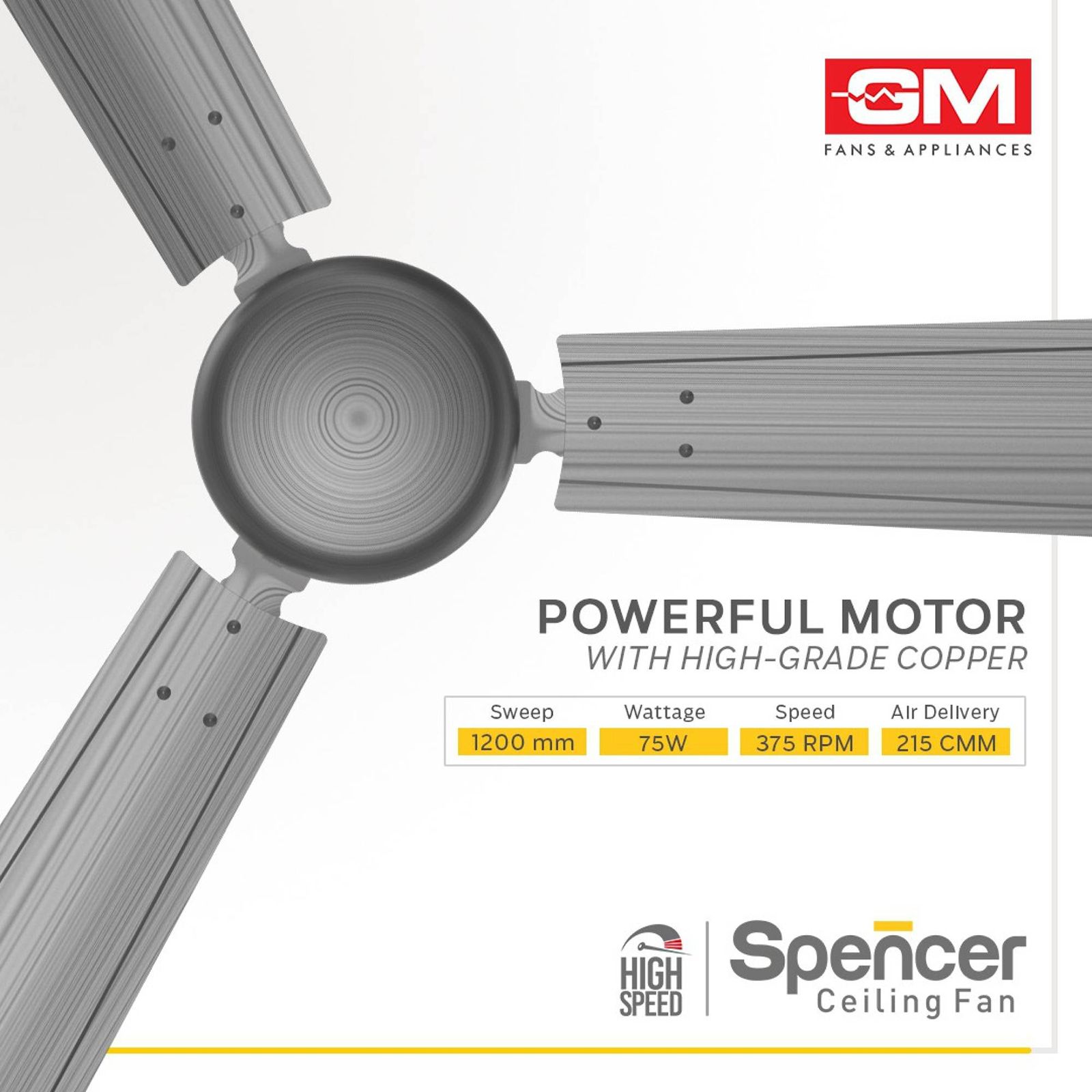 GM Spencer 1200mm 3 Blade High Speed Ceiling Fan (Aerodynamically Designed, Brush Still)_10