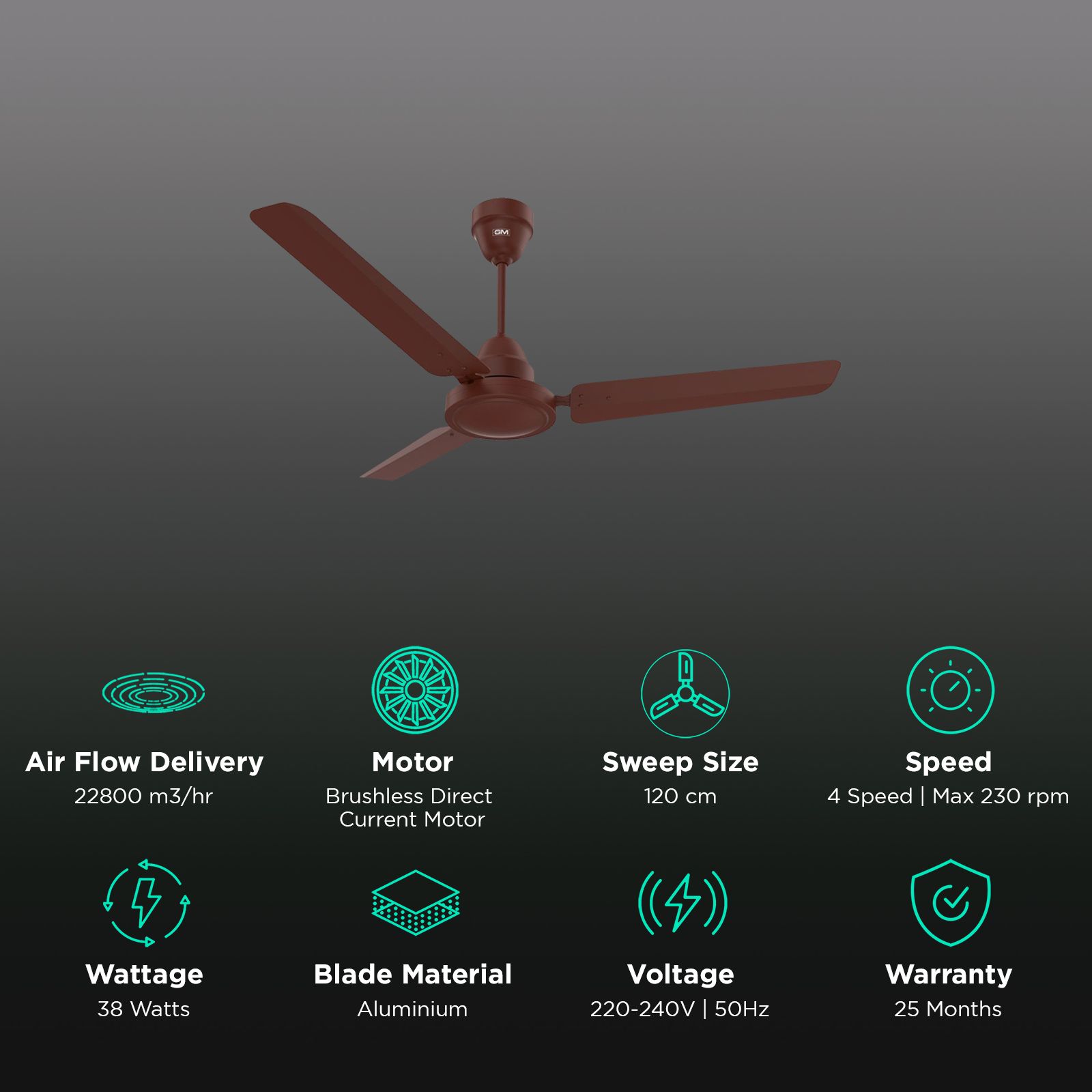 GM Excel35 5 Star 1200mm 3 Blade BLDC Motor Ceiling Fan with Remote (Energy Efficient, Matt Brown) GM Excel35 5 Star 1200mm 3 Blade BLDC Motor Ceiling Fan with Remote (Energy Efficient, Matt Brown)_3