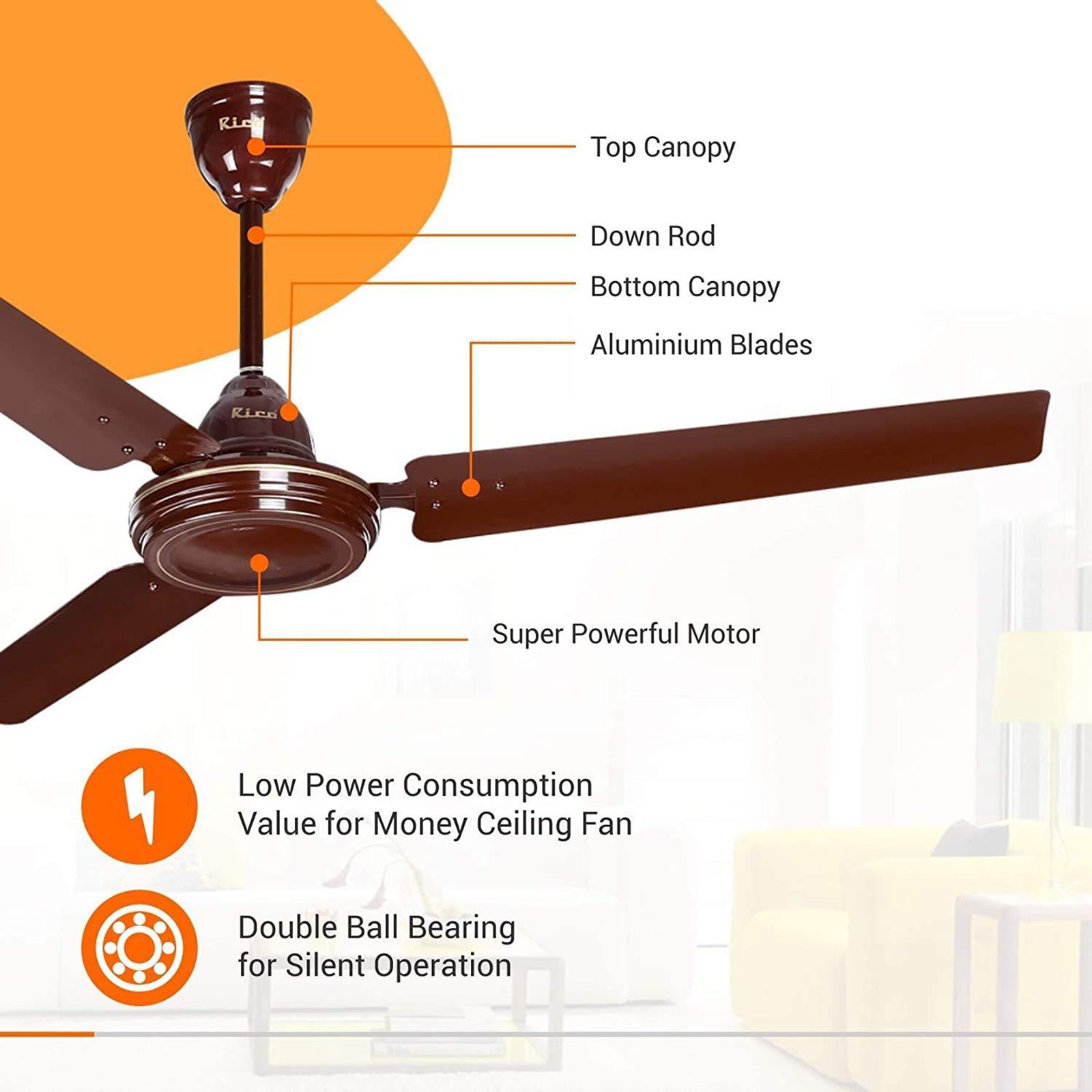 Rico 1400mm 3 Blade Copper Winding Motor Ceiling Fan (Dust Resistant, Brown)_6