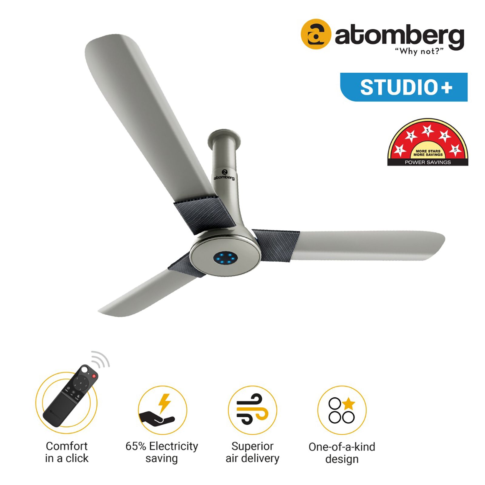 atomberg Studio Plus 5 Star 1200mm 3 Blade BLDC Motor Ceiling Fan with Remote (LED Indicator, Sand Grey)_8