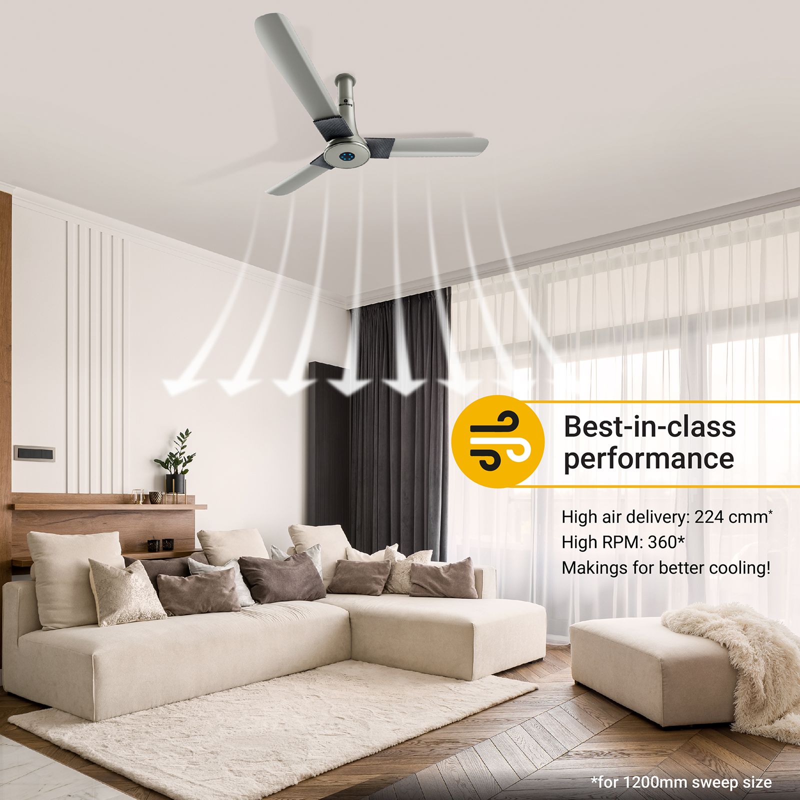 atomberg Studio Plus 5 Star 1200mm 3 Blade BLDC Motor Ceiling Fan with Remote (LED Indicator, Sand Grey)_6