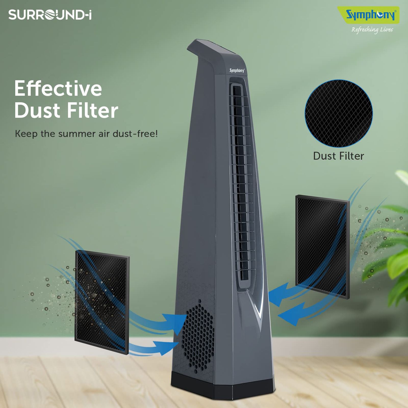 Symphony Surround-I Bladeless 25 ft Air Throw 650 m3/hr Air Delivery Tower Fan with Remote (Touchscreen Control Panel, Dark Grey)_11