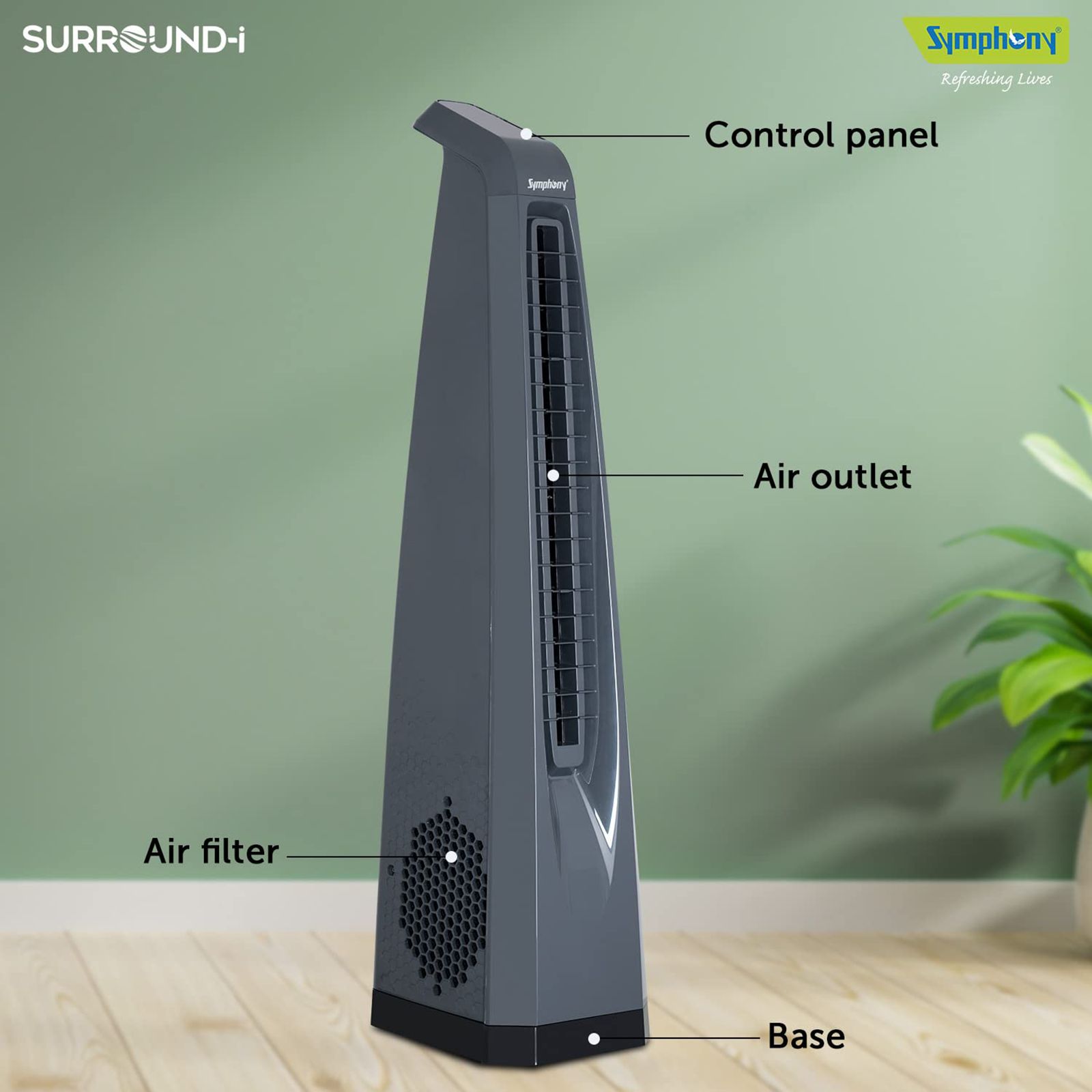 Symphony Surround-I Bladeless 25 ft Air Throw 650 m3/hr Air Delivery Tower Fan with Remote (Touchscreen Control Panel, Dark Grey)_14