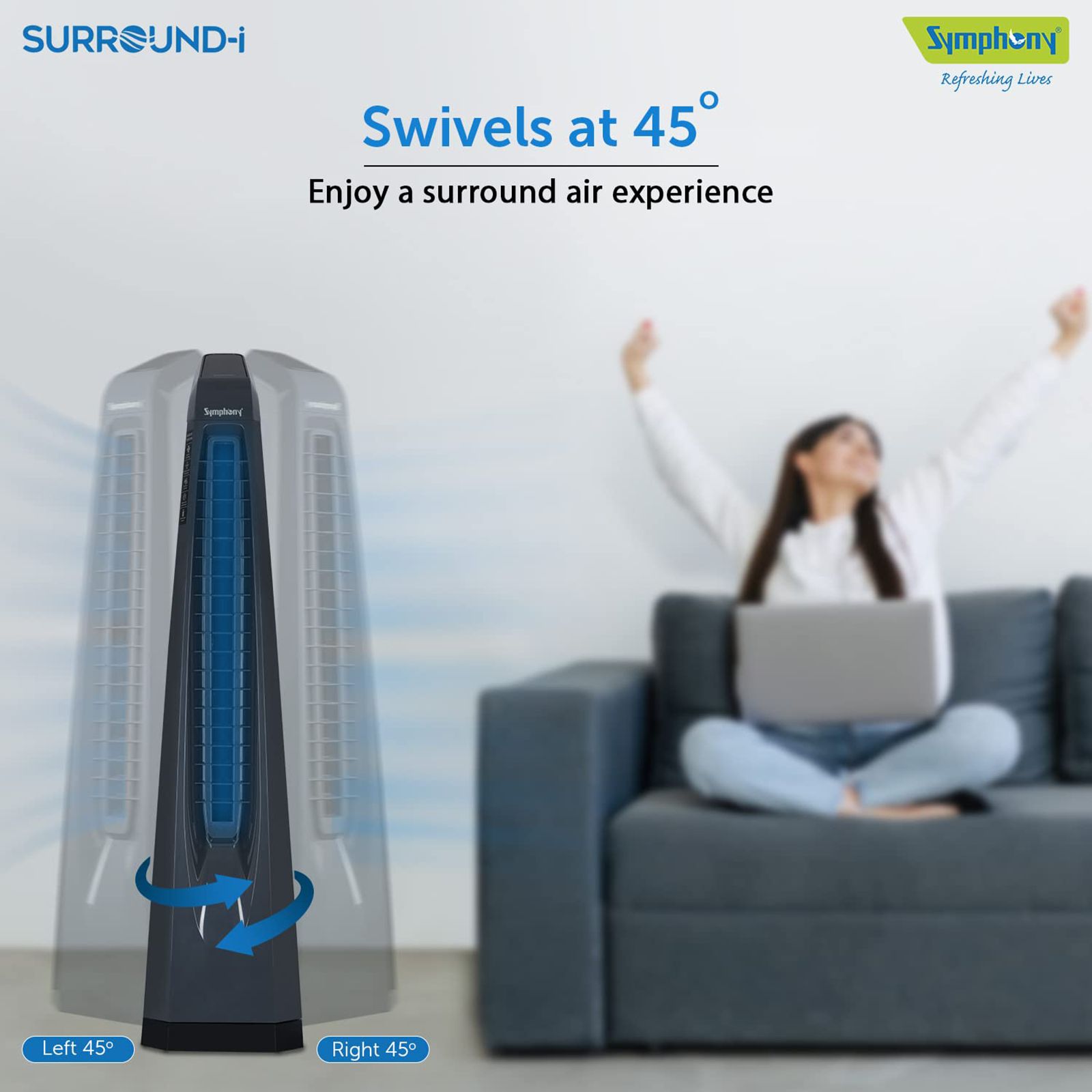 Symphony Surround-I Bladeless 25 ft Air Throw 650 m3/hr Air Delivery Tower Fan with Remote (Touchscreen Control Panel, Dark Grey)_15