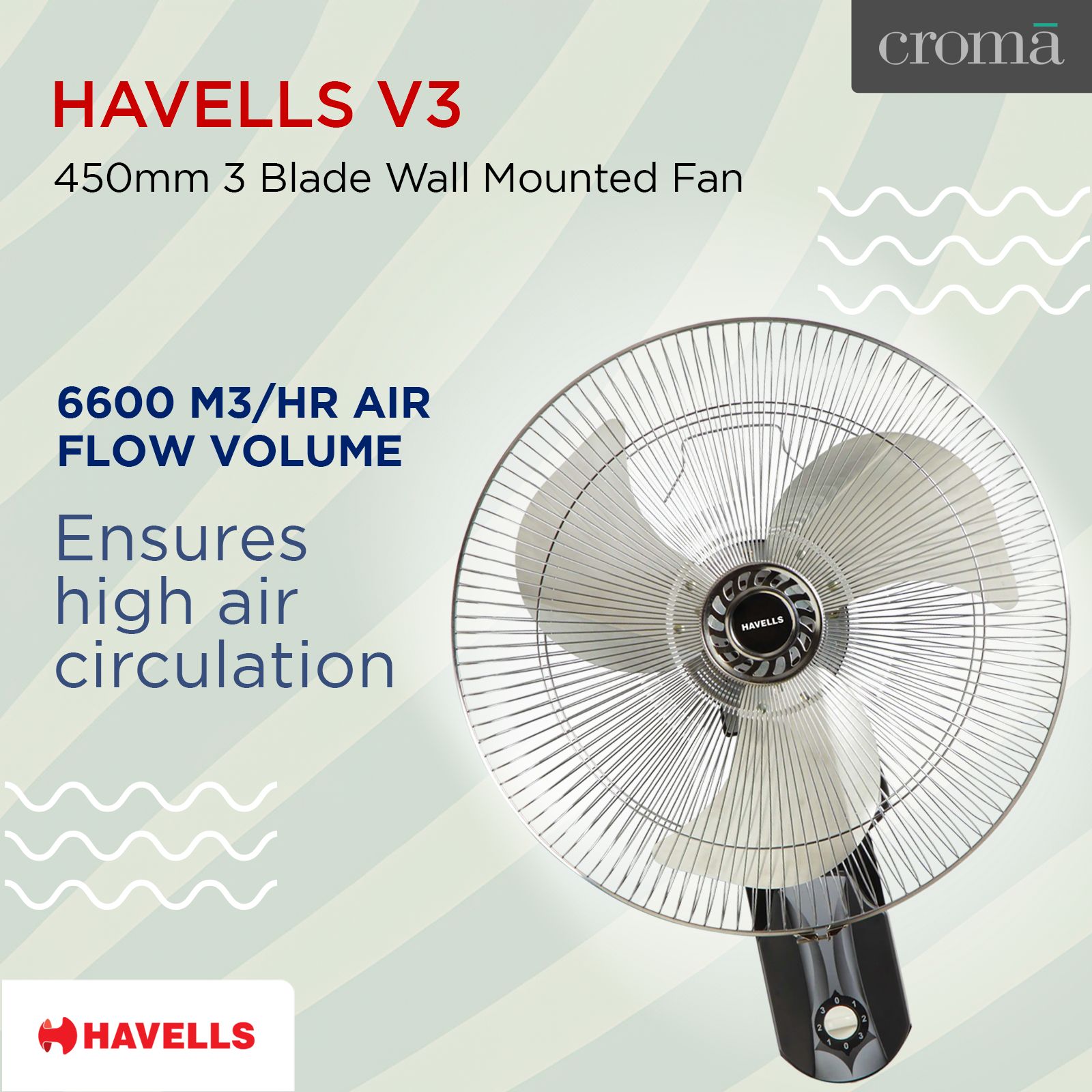HAVELLS V3 450mm 3 Blade Thermal Overload Protector Wall Mounted Fan (Jerk Free Oscillation, Silver & Black) HAVELLS V3 450mm 3 Blade Thermal Overload Protector Wall Mounted Fan (Jerk Free Oscillation, Silver & Black)_5