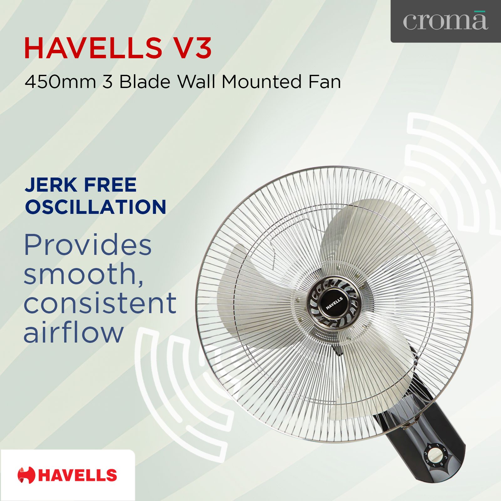 HAVELLS V3 450mm 3 Blade Thermal Overload Protector Wall Mounted Fan (Jerk Free Oscillation, Silver & Black) HAVELLS V3 450mm 3 Blade Thermal Overload Protector Wall Mounted Fan (Jerk Free Oscillation, Silver & Black)_8