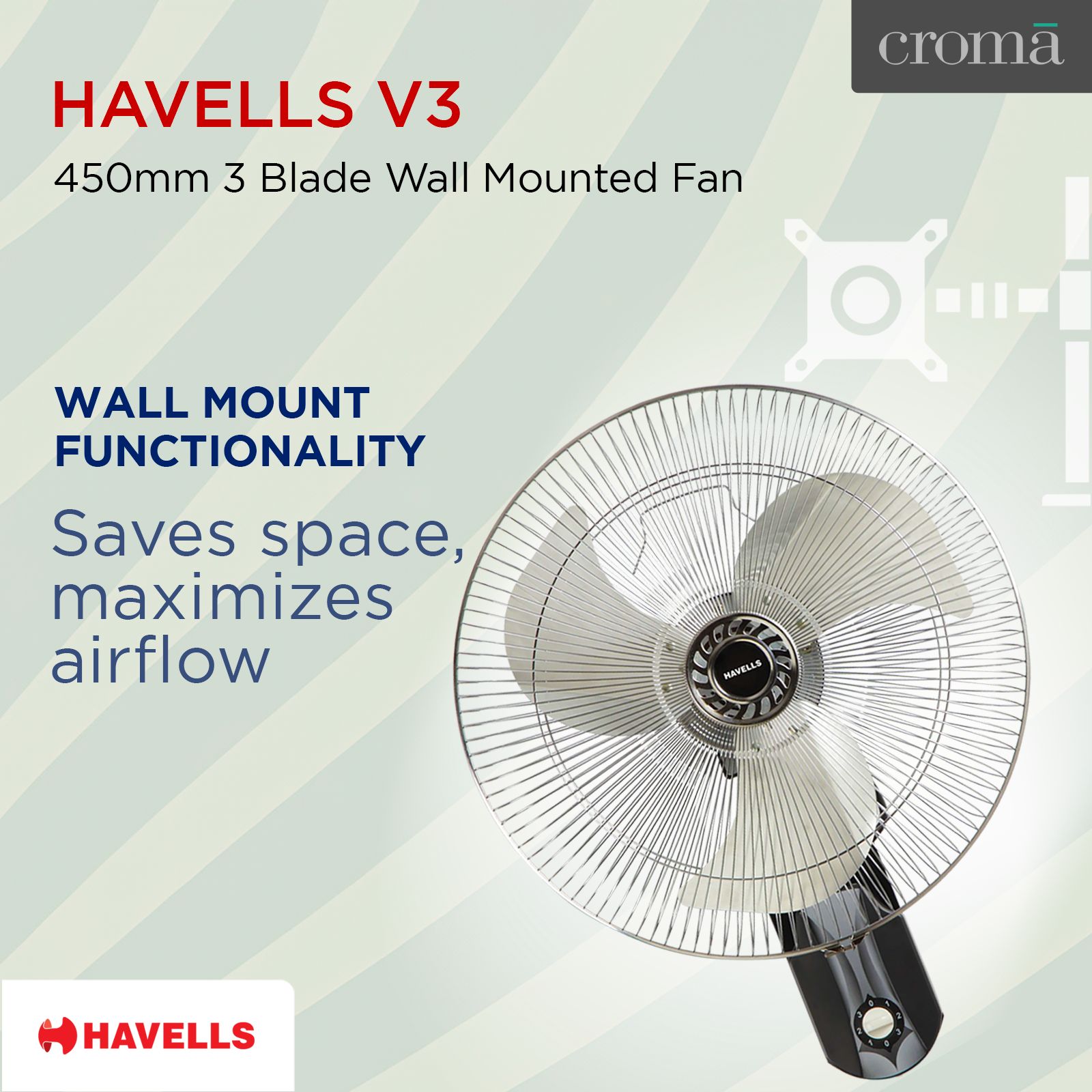HAVELLS V3 450mm 3 Blade Thermal Overload Protector Wall Mounted Fan (Jerk Free Oscillation, Silver & Black) HAVELLS V3 450mm 3 Blade Thermal Overload Protector Wall Mounted Fan (Jerk Free Oscillation, Silver & Black)_9