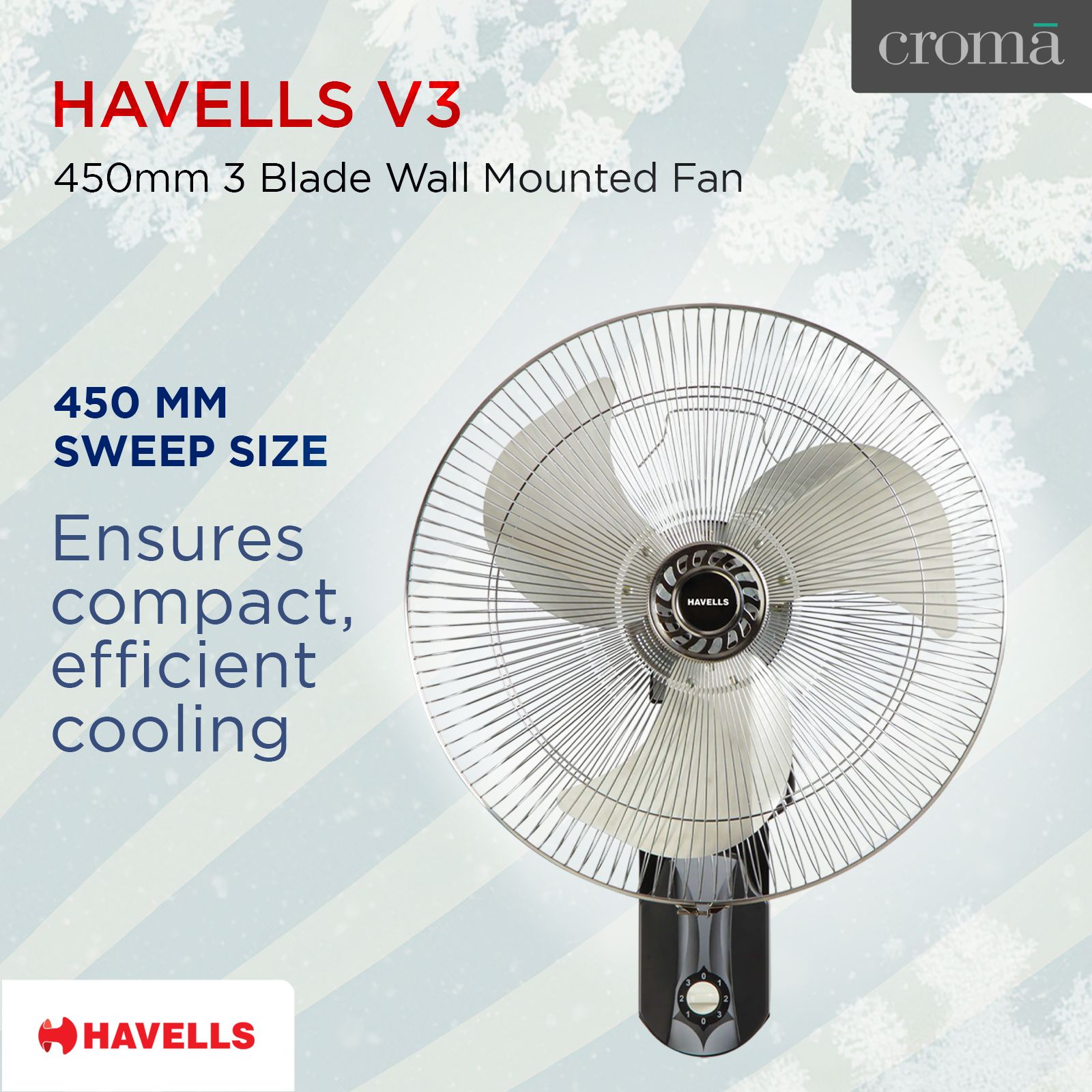HAVELLS V3 450mm 3 Blade Thermal Overload Protector Wall Mounted Fan (Jerk Free Oscillation, Silver & Black) HAVELLS V3 450mm 3 Blade Thermal Overload Protector Wall Mounted Fan (Jerk Free Oscillation, Silver & Black)_4