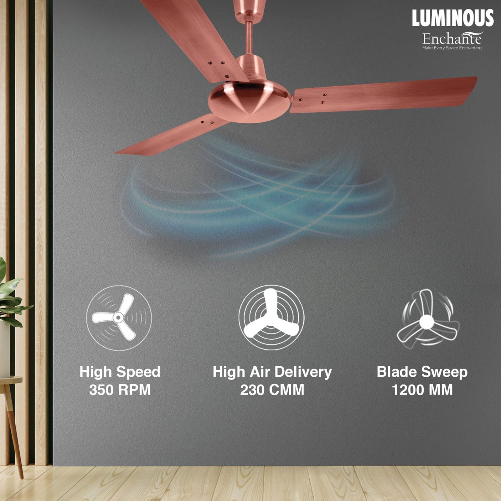 LUMINOUS Enchante 1200mm 3 Blade High Speed Ceiling Fan (Electroplated Finish, Antique Copper)_10