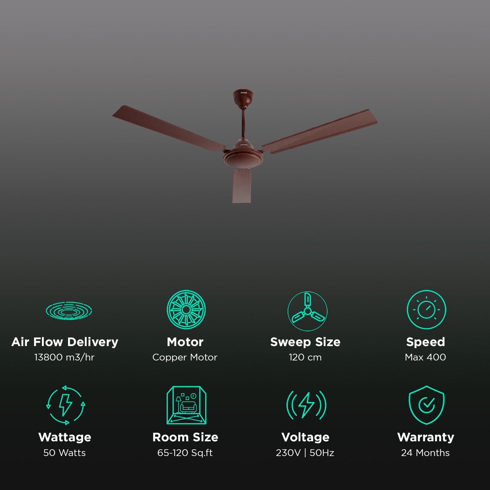 zunpulse Thundermax 1200mm 3 Blade Copper Motor Ceiling Fan (Low Power Consumption, Brown) zunpulse Thundermax 1200mm 3 Blade Copper Motor Ceiling Fan (Low Power Consumption, Brown)_3