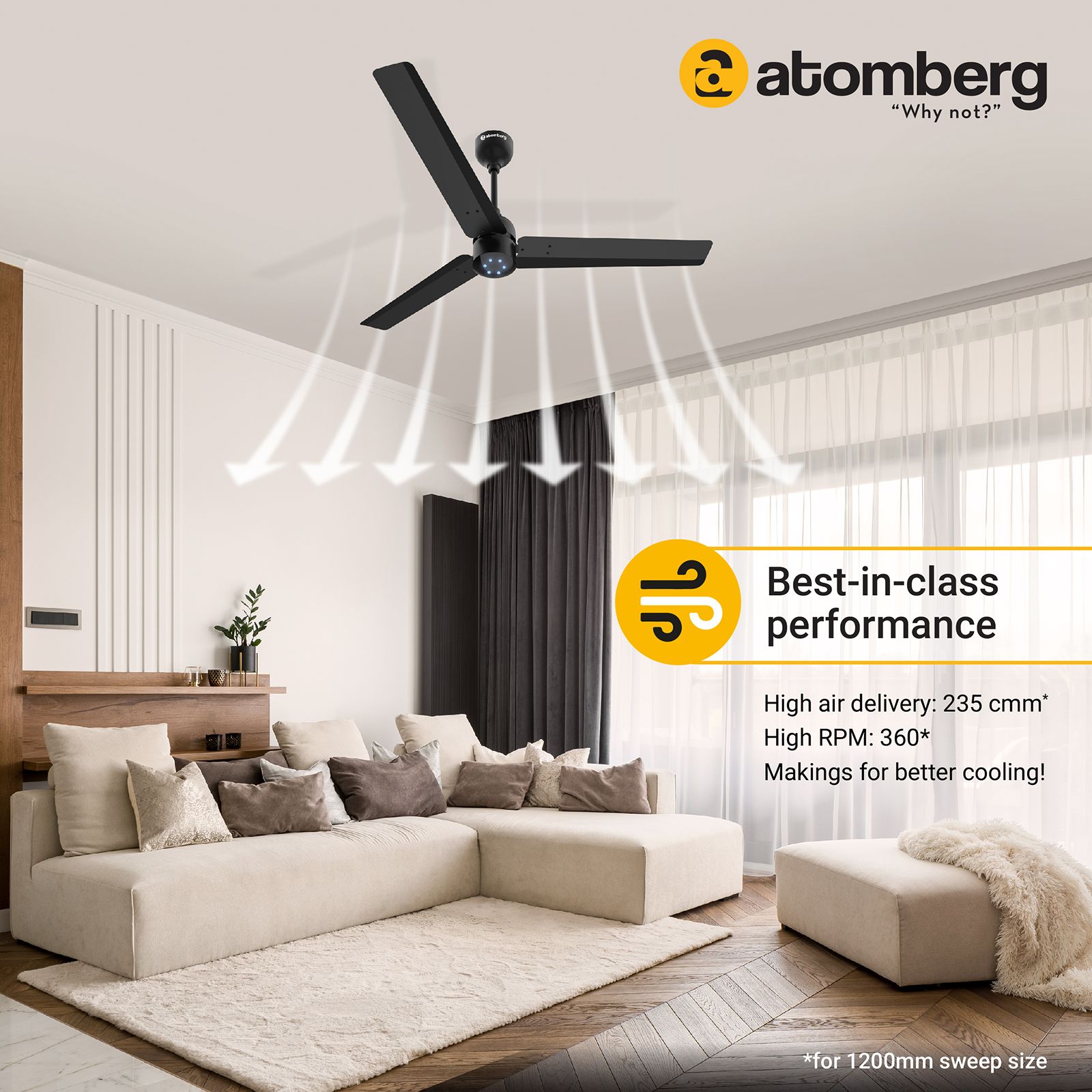 atomberg Renesa 5 Star 1200mm 3 Blade BLDC Motor Ceiling Fan with Remote (LED Speed Indicator, Midnight Black)_5