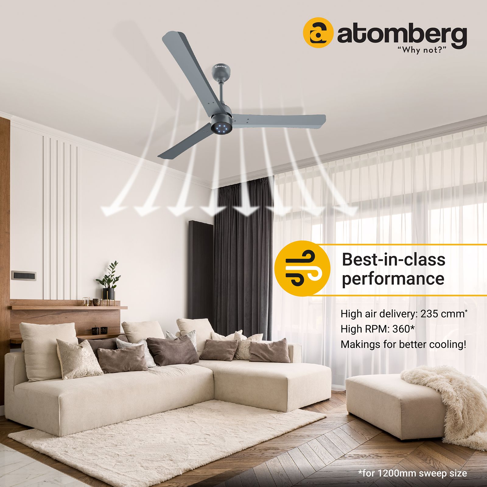 atomberg Renesa+ 5 Star 1200mm 3 Blade BLDC Motor Ceiling Fan with Remote (LED Indicator, Sand Grey)_12