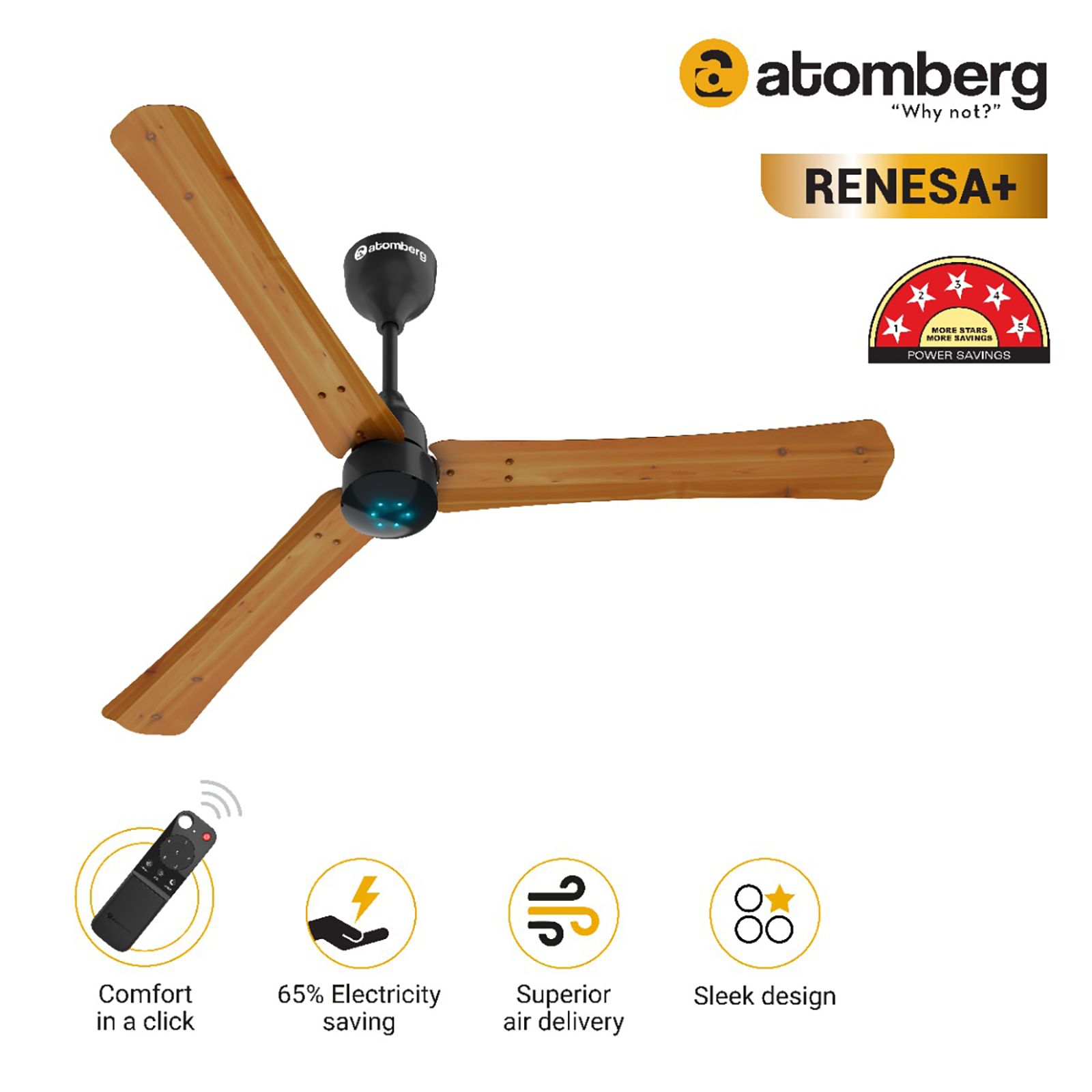 atomberg Renesa Plus 5 Star 1200mm 3 Blade BLDC Motor Ceiling Fan with Remote (LED Indicator, Golden Oakwood) atomberg Renesa Plus 5 Star 1200mm 3 Blade BLDC Motor Ceiling Fan with Remote (LED Indicator, Golden Oakwood)_6