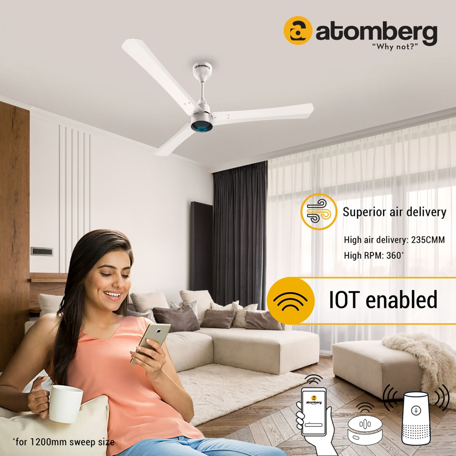 atomberg Renesa Smart+ 5 Star 1200mm 3 Blade BLDC Motor Smart Ceiling Fan with Remote (Alexa & Google Assistant, Pearl White)_9