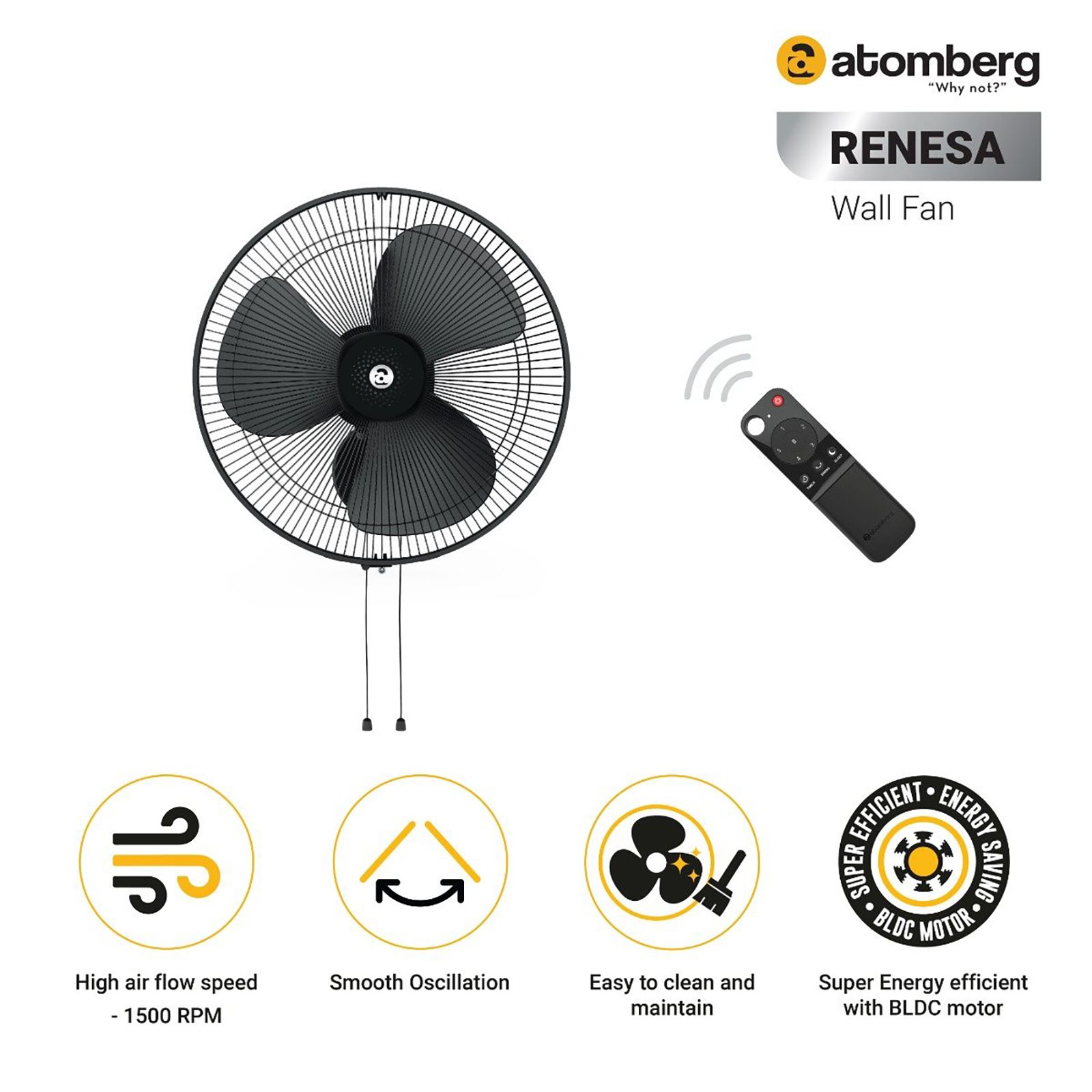 atomberg Renesa 5 Star 400mm 3 Blade BLDC Motor Wall Mounted Fans with Remote (Smooth Oscillation, Midnight Black) atomberg Renesa 5 Star 400mm 3 Blade BLDC Motor Wall Mounted Fans with Remote (Smooth Oscillation, Midnight Black)_7