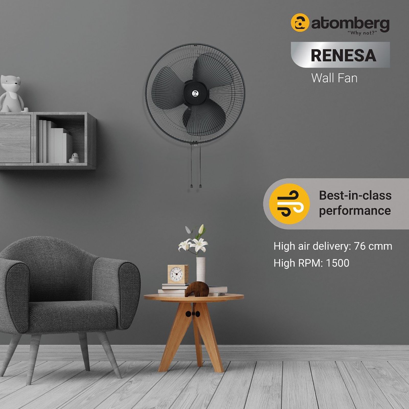atomberg Renesa 5 Star 400mm 3 Blade BLDC Motor Wall Mounted Fans with Remote (Smooth Oscillation, Midnight Black) atomberg Renesa 5 Star 400mm 3 Blade BLDC Motor Wall Mounted Fans with Remote (Smooth Oscillation, Midnight Black)_9