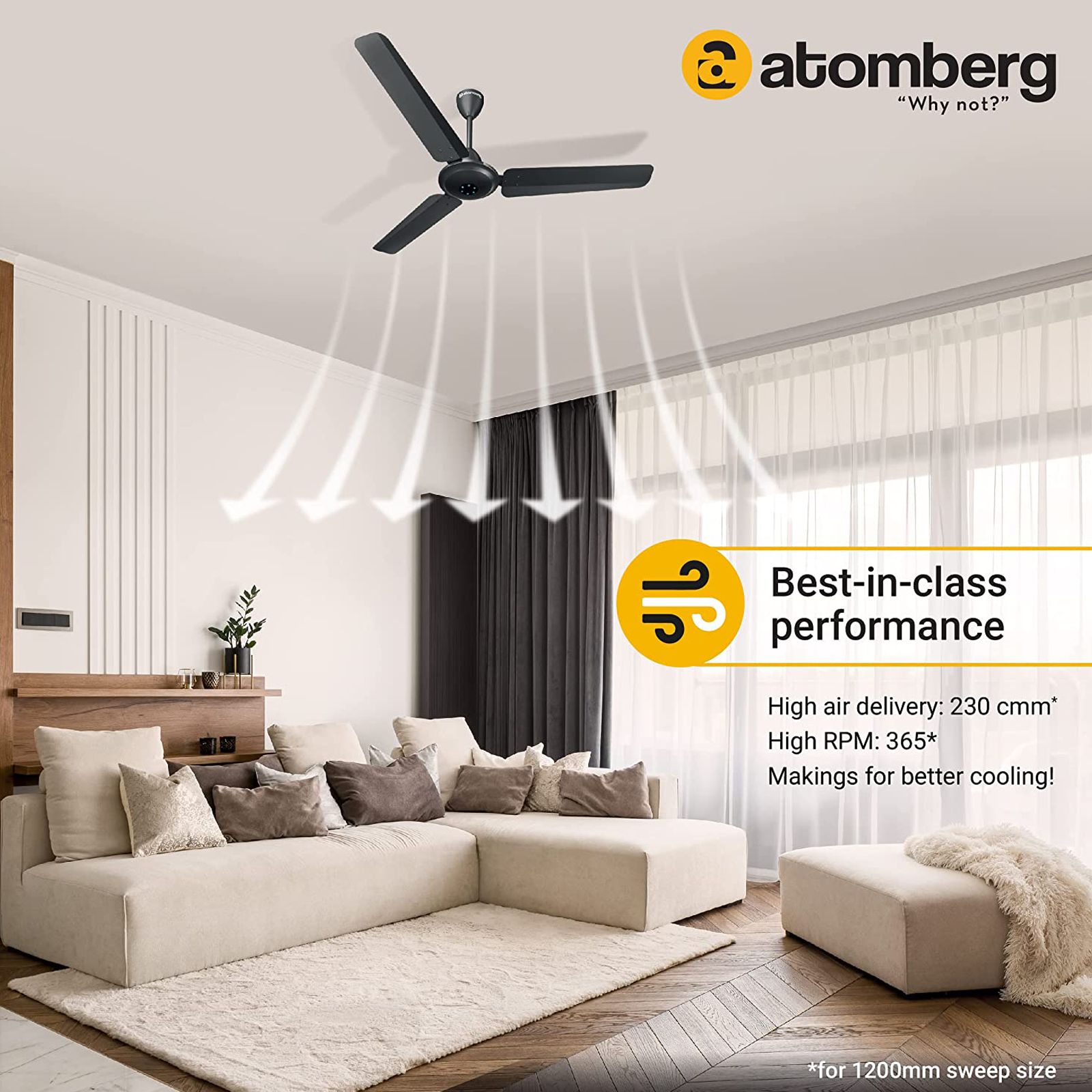 atomberg Ikano 5 Star 1200mm 3 Blade BLDC Motor Ceiling Fan with Remote (LED Speed Indicator, Gloss Black) atomberg Ikano 5 Star 1200mm 3 Blade BLDC Motor Ceiling Fan with Remote (LED Speed Indicator, Gloss Black)_6