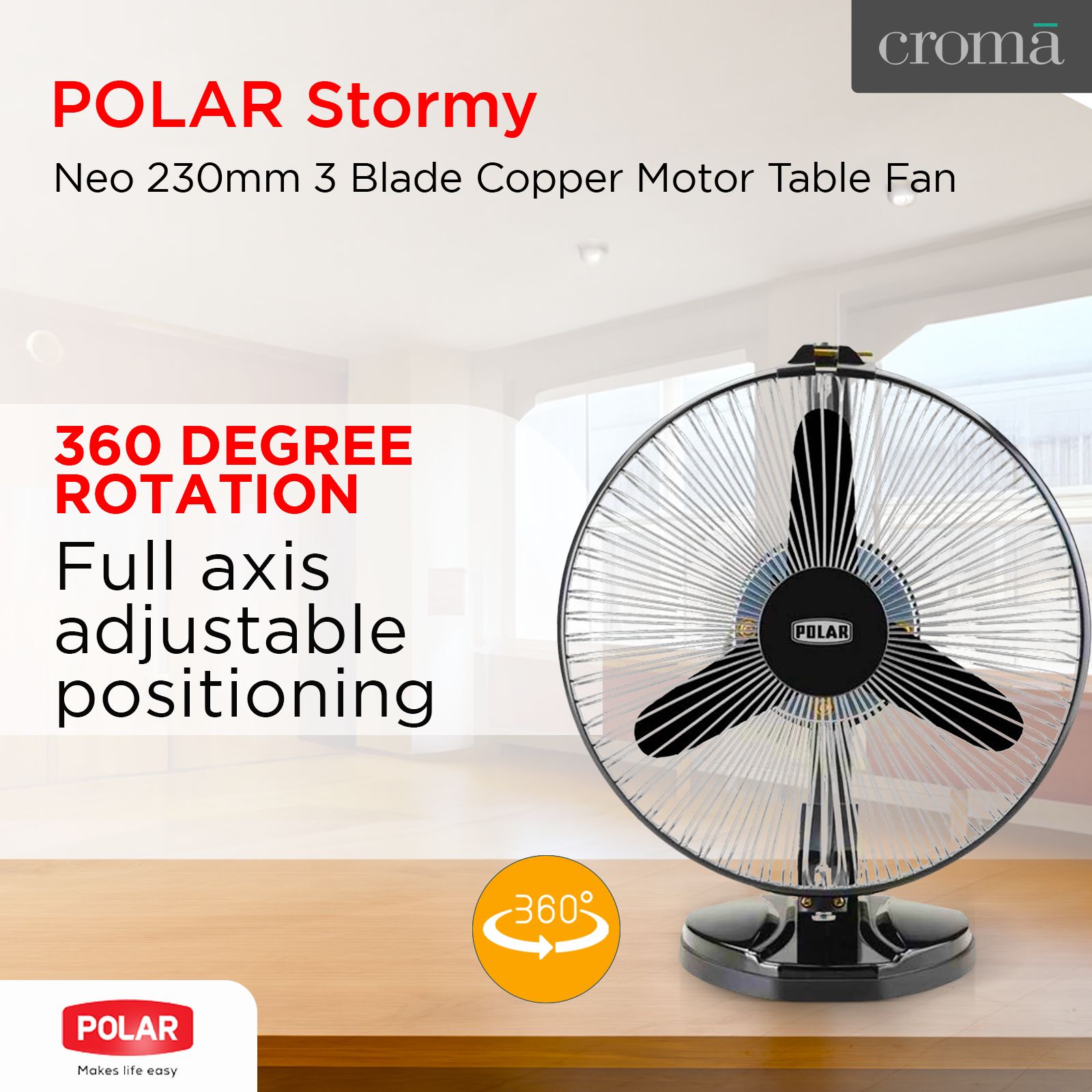 POLAR Stormy Neo 230mm 3 Blade Copper Motor Table Fan (Multi Utility, Black Chrome)_5