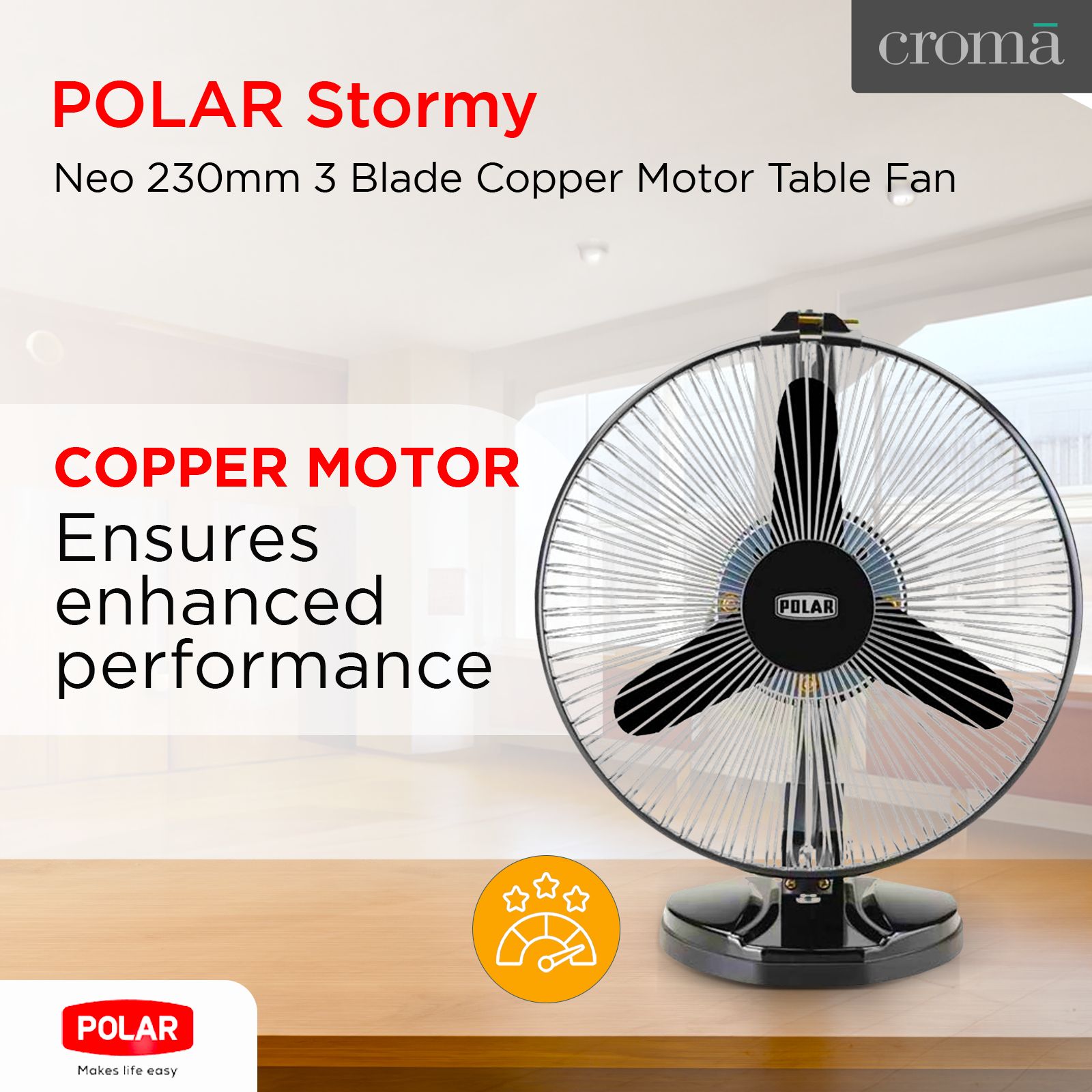 POLAR Stormy Neo 230mm 3 Blade Copper Motor Table Fan (Multi Utility, Black Chrome)_7