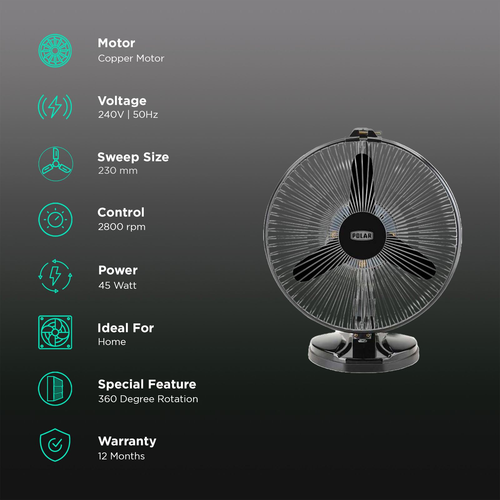 POLAR Stormy Neo 230mm 3 Blade Copper Motor Table Fan (Multi Utility, Black Chrome)_3