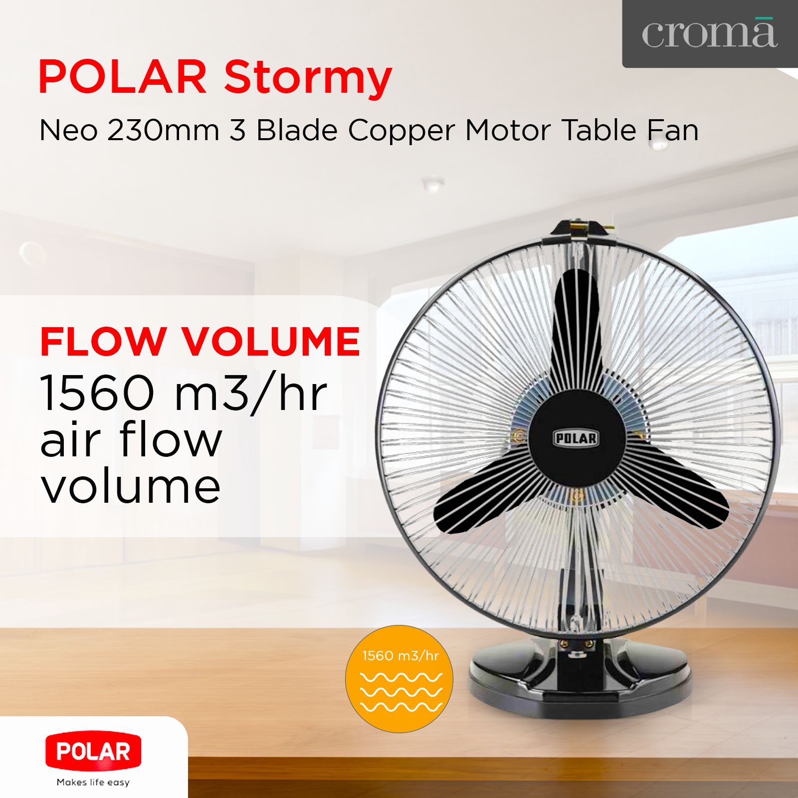 POLAR Stormy Neo 230mm 3 Blade Copper Motor Table Fan (Multi Utility, Black Chrome)_4