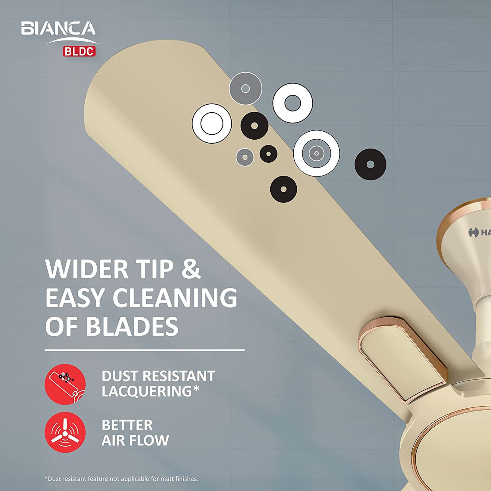 HAVELLS Bianca 5 Star 1200mm 3 Blade BLDC Motor Ceiling Fan with Remote (High Air Thrust, Gold Mist)_6