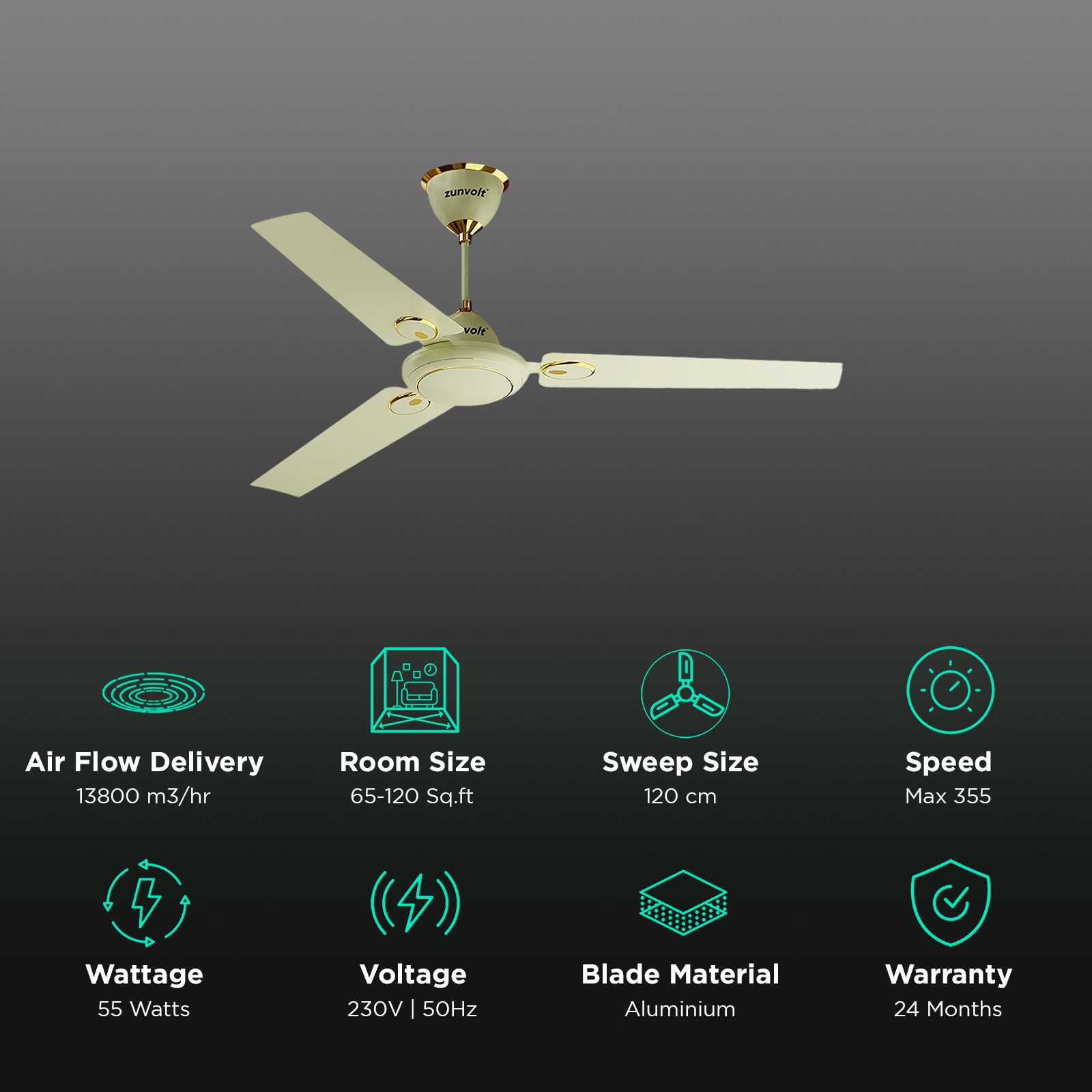 zunpulse Hera 1200mm 3 Blade High Speed Ceiling Fan (Double Ball Bearing, Ivory)_3