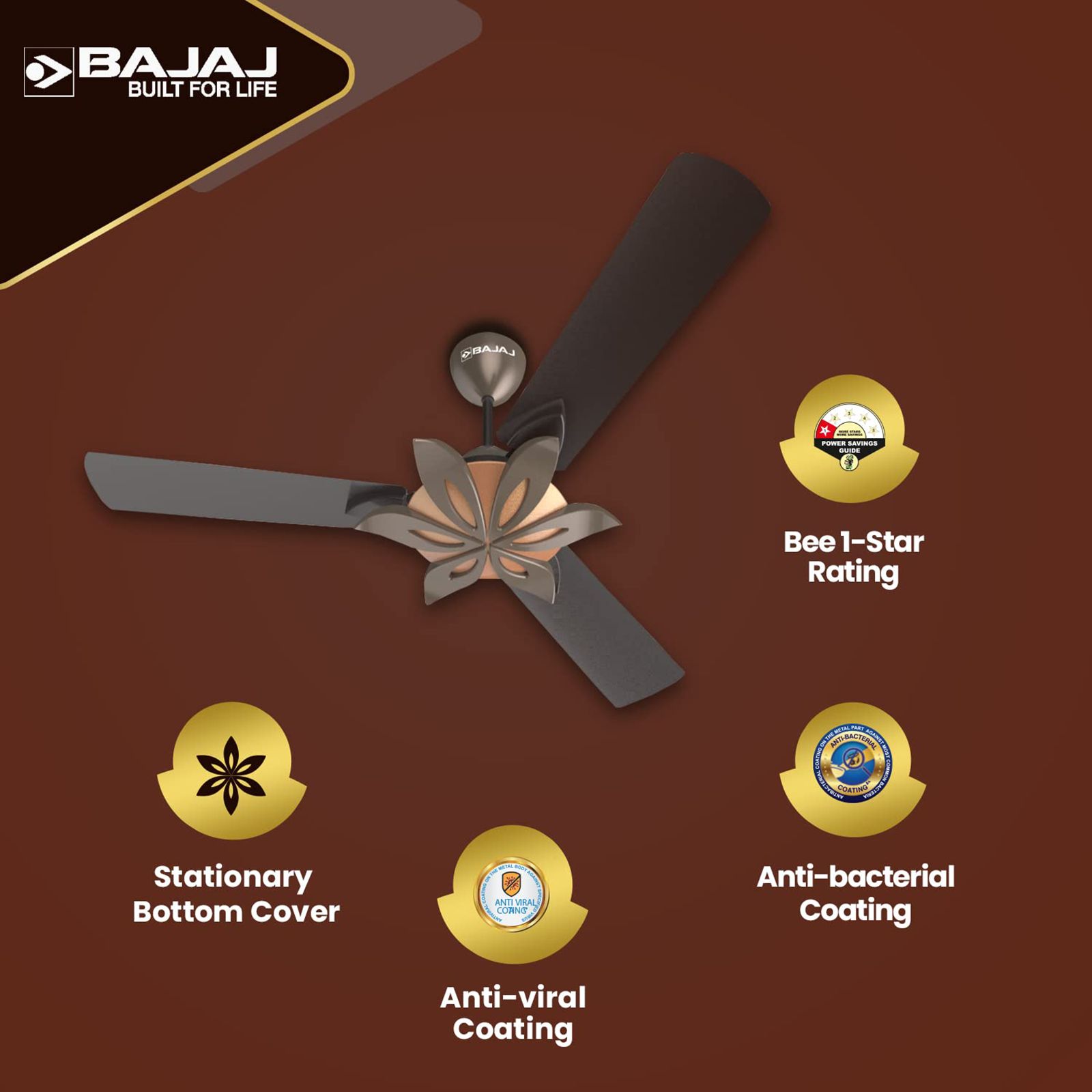 BAJAJ Floweret EE 1 Star 1200mm 3 Blade Anti Bacterial Ceiling Fan (Easy to Clean, Chocolate Brown) BAJAJ Floweret EE 1 Star 1200mm 3 Blade Anti Bacterial Ceiling Fan (Easy to Clean, Chocolate Brown)_6