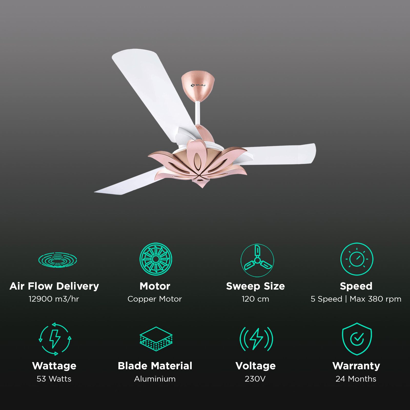 BAJAJ Floweret EE 1 Star 1200mm 3 Blade Anti Bacterial Ceiling Fan (Easy to Clean, White) BAJAJ Floweret EE 1 Star 1200mm 3 Blade Anti Bacterial Ceiling Fan (Easy to Clean, White)_3