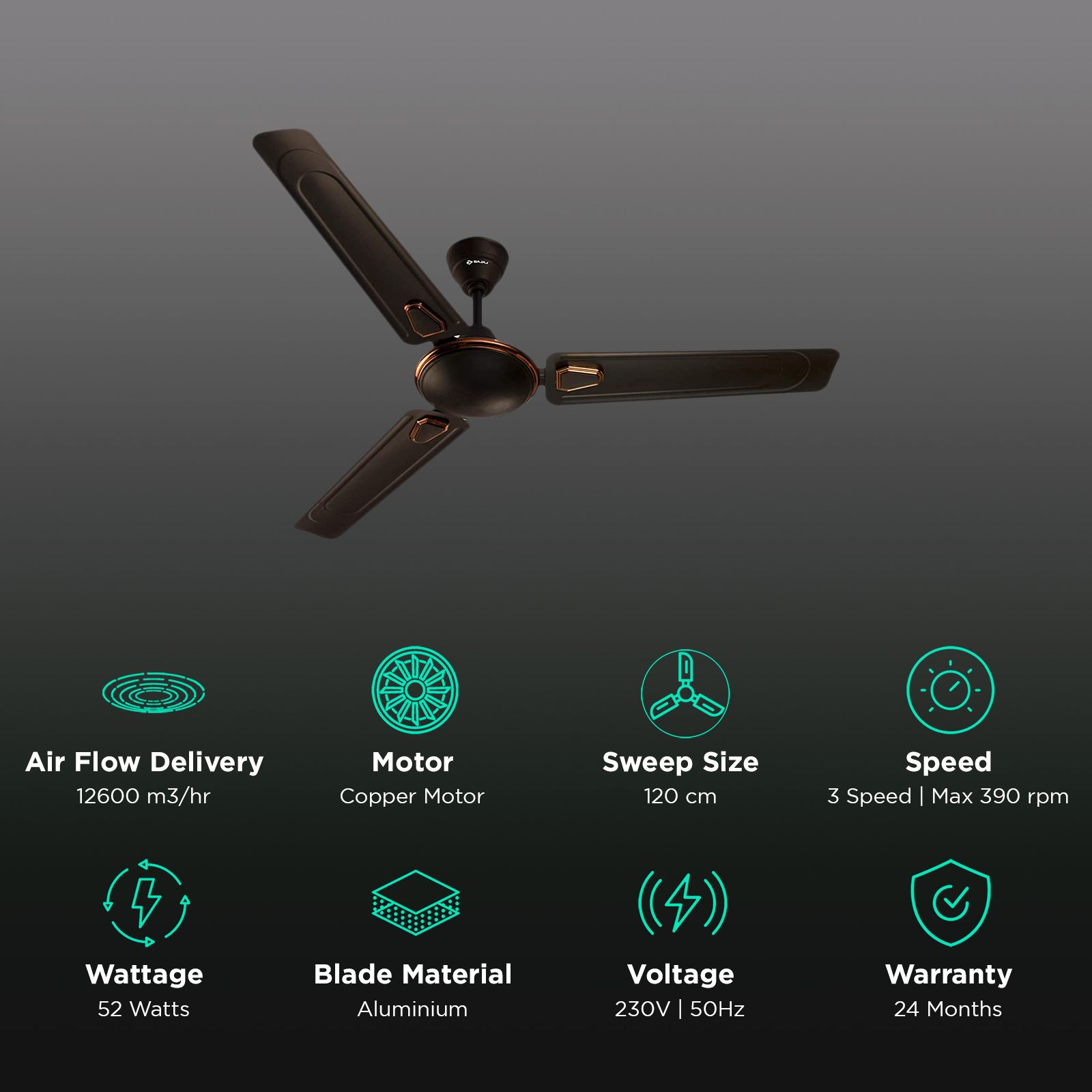 BAJAJ Economy Deco 1200mm 3 Blade Powerful Performance Ceiling Fan (Energy Efficient, Choko Brown) BAJAJ Economy Deco 1200mm 3 Blade Powerful Performance Ceiling Fan (Energy Efficient, Choko Brown)_3