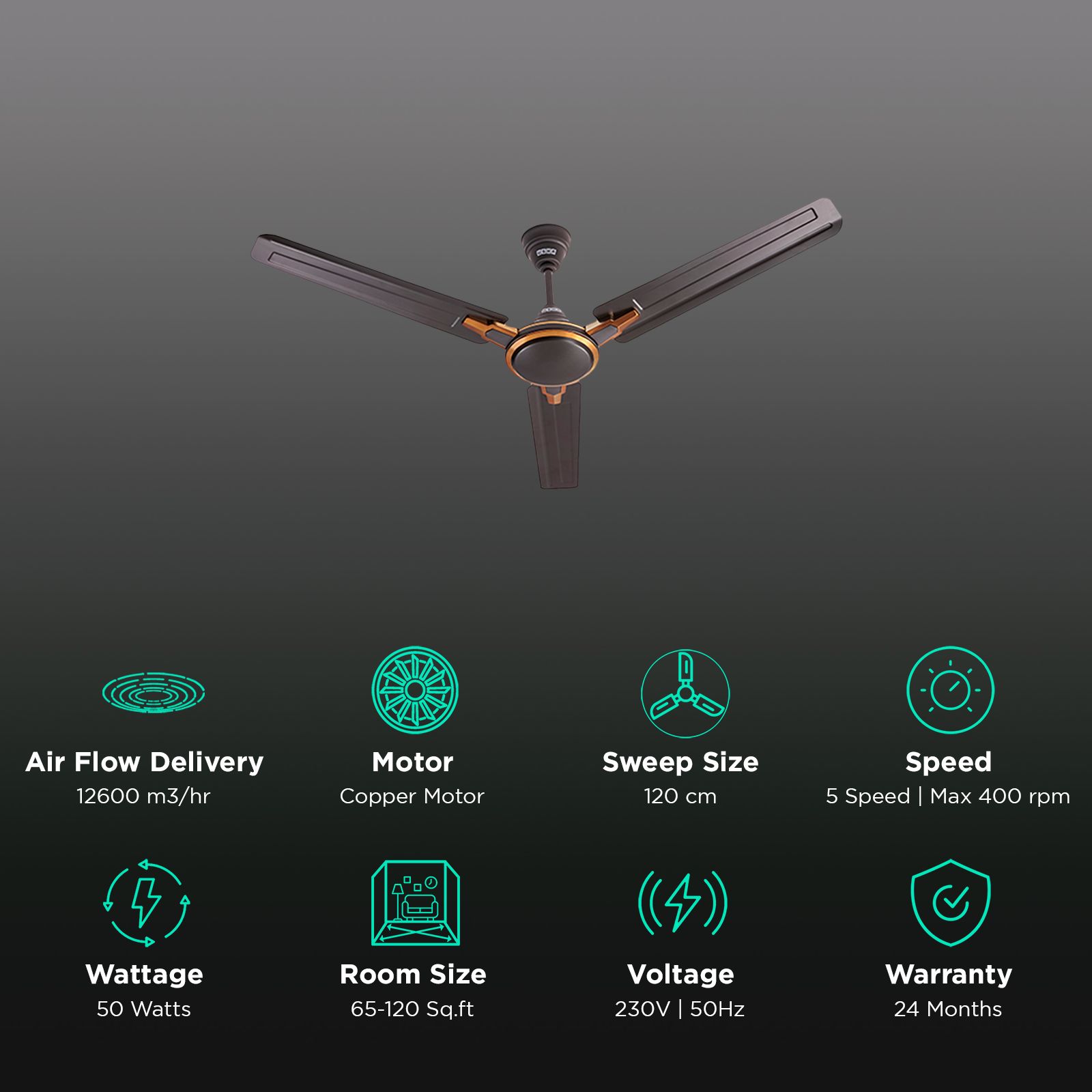 USHA Racer Chrome 1 Star 1200mm 3 Blade Copper Motor Ceiling Fan (Low Voltage, Smoke Brown) USHA Racer Chrome 1 Star 1200mm 3 Blade Copper Motor Ceiling Fan (Low Voltage, Smoke Brown)_3