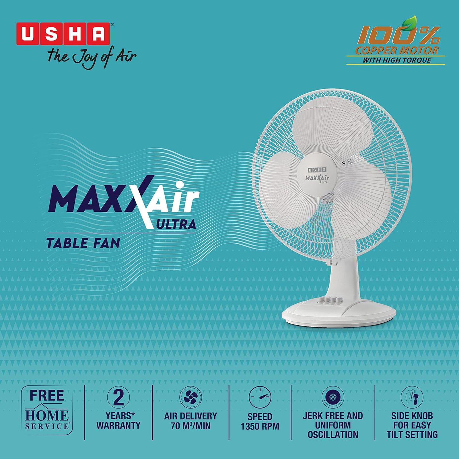 USHA Maxx Air Ultra 400mm 3 Blade Thermal Overload Protector Table Fan (Jerk Free Oscillation, White)_4