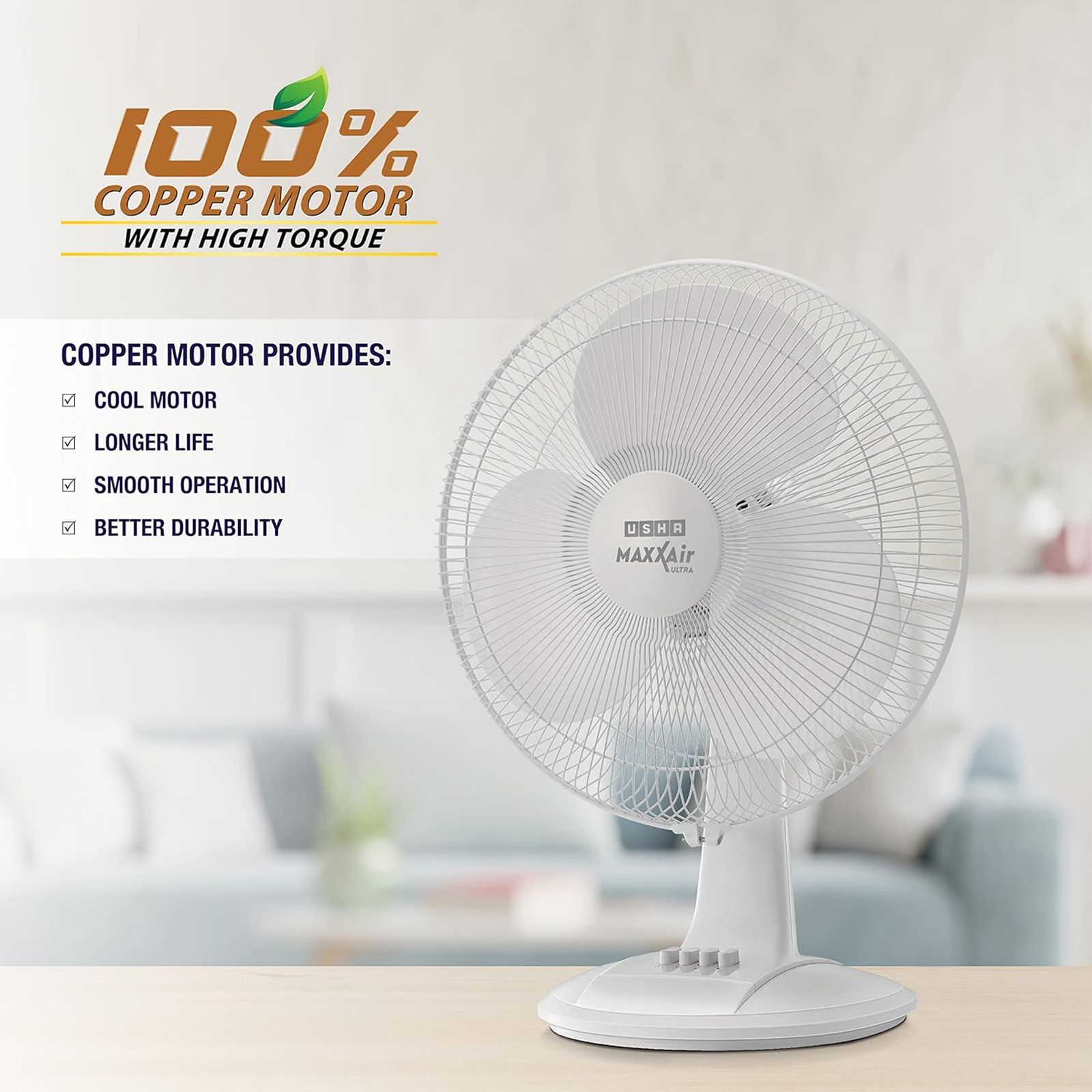 USHA Maxx Air Ultra 400mm 3 Blade Thermal Overload Protector Table Fan (Jerk Free Oscillation, White)_5