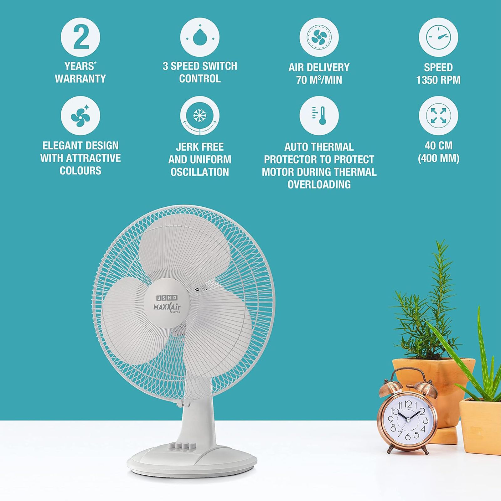 USHA Maxx Air Ultra 400mm 3 Blade Thermal Overload Protector Table Fan (Jerk Free Oscillation, White)_6