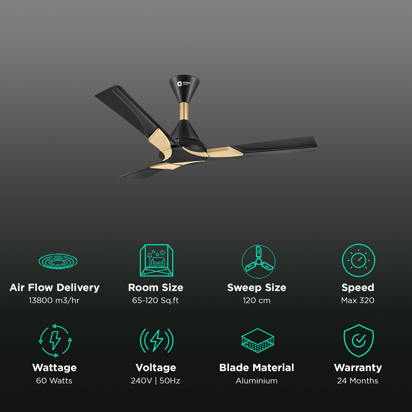 Orient Wendy 5 Star 1200mm 3 Blade High Speed Ceiling Fan (Rust Resistant, Black & Gold)_3