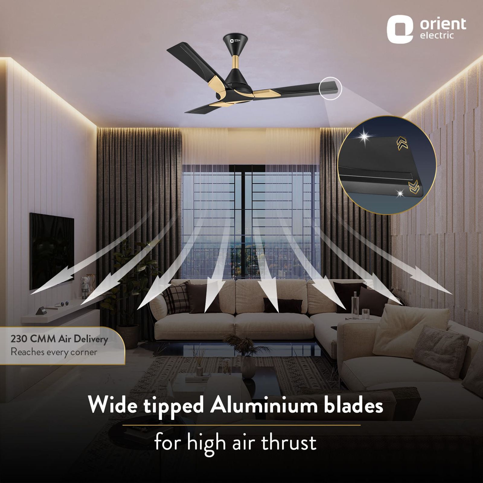Orient Wendy 5 Star 1200mm 3 Blade High Speed Ceiling Fan (Rust Resistant, Black & Gold)_6