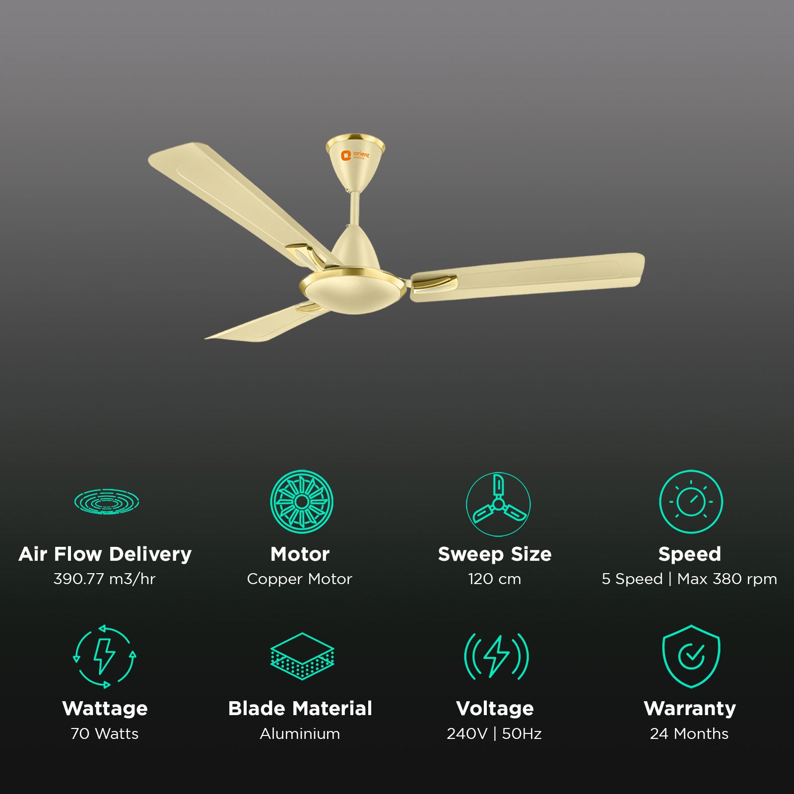 Orient Gratia 1 Star 1200mm 3 Blade High Performance Ceiling Fan (Double Ball Bearing, Metalic Ivory)_3