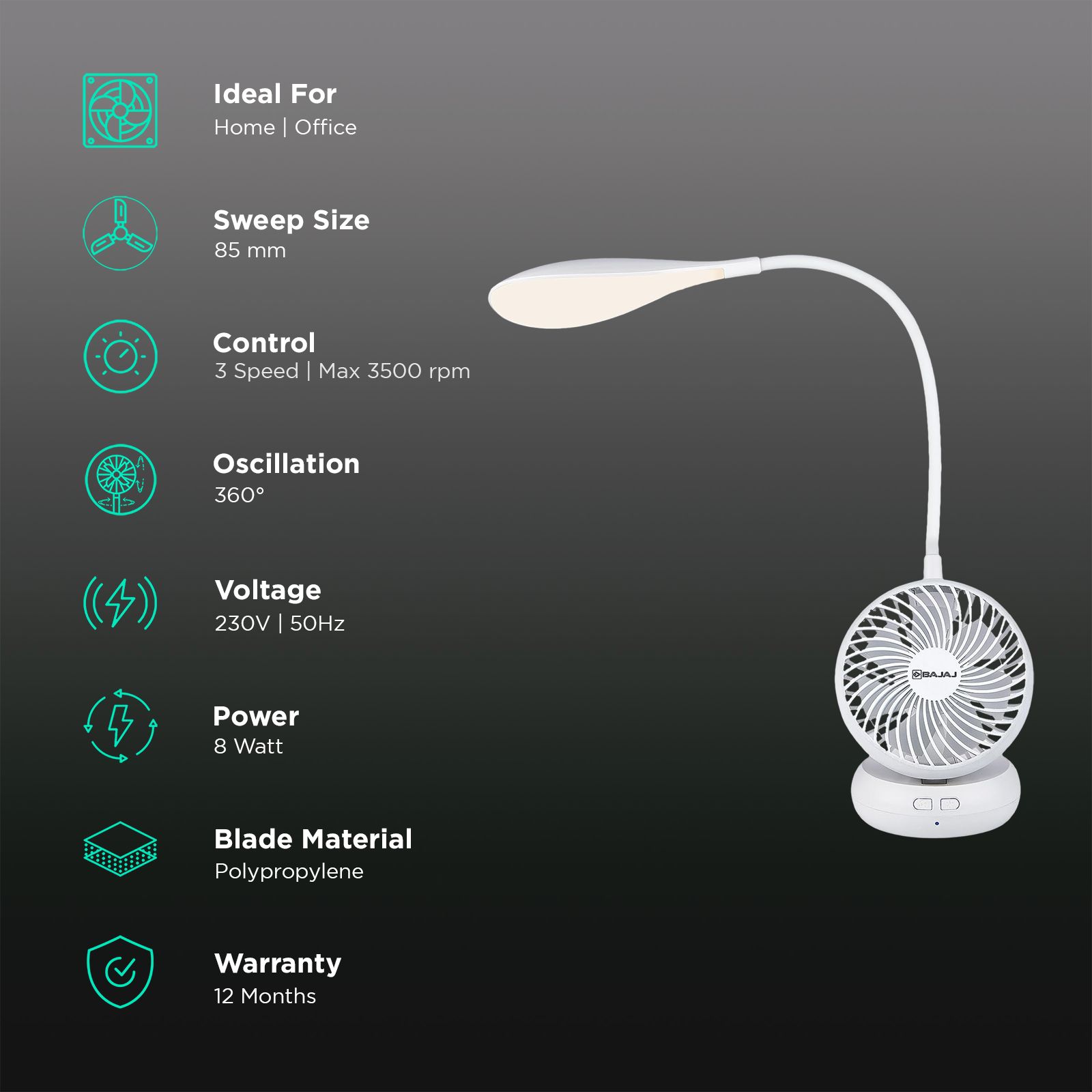 BAJAJ Air Light 85mm 7 Blade Rechargeable Personal Fan with 1800 mAh Battery (Low Power Consumption, White) BAJAJ Air Light 85mm 7 Blade Rechargeable Personal Fan with 1800 mAh Battery (Low Power Consumption, White)_3